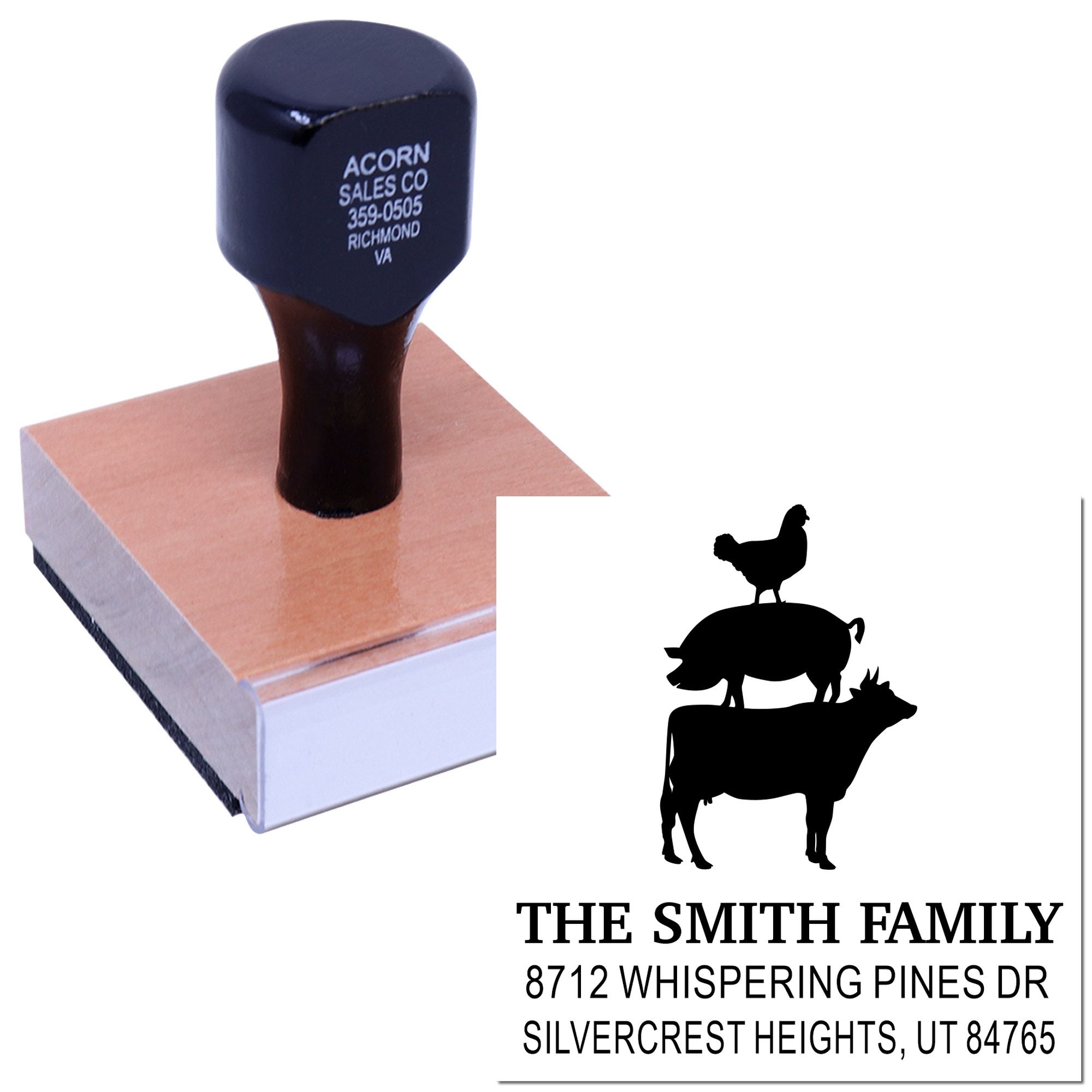 Custom self-inking address stamp with farm animal silhouette and The Smith Family address, shown on a white background.