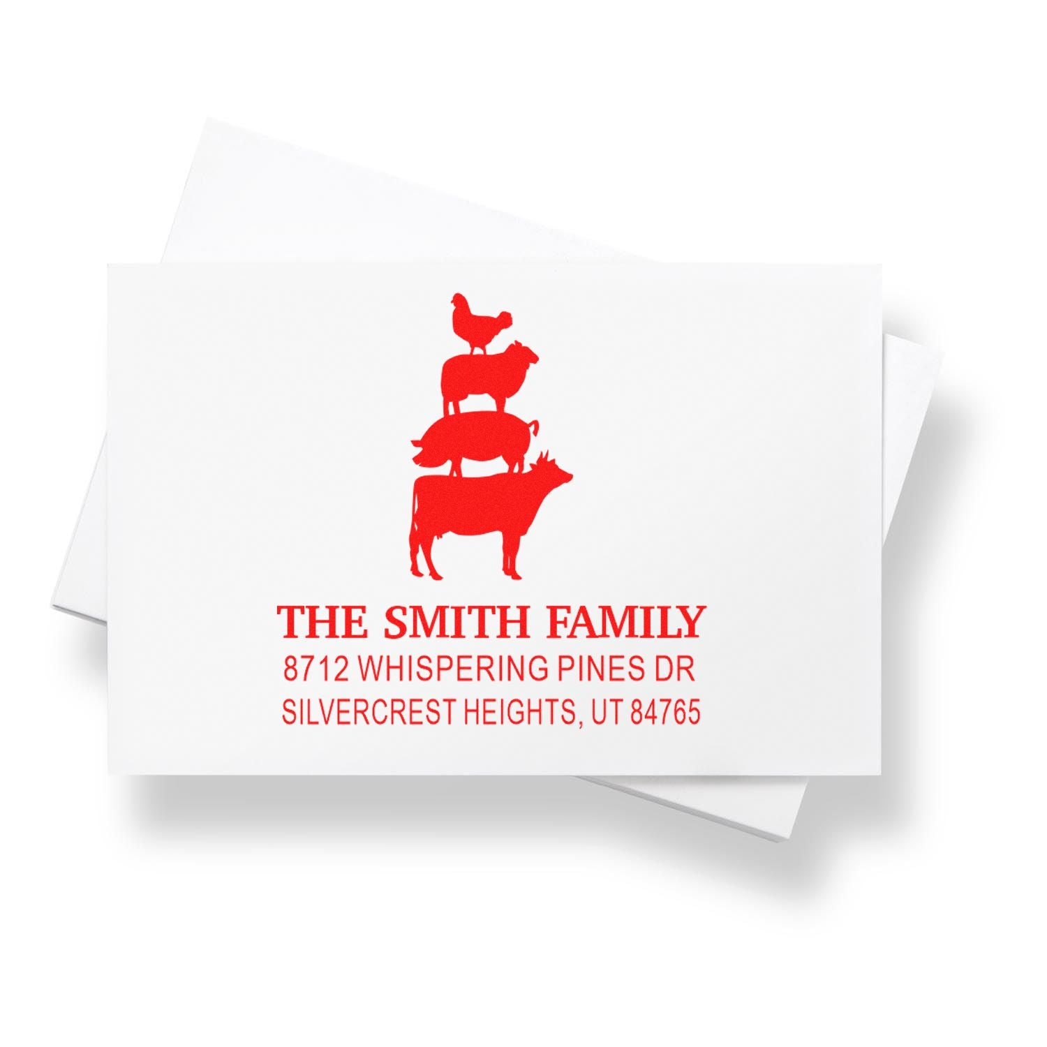 Custom return address stamp with red farm animal stack design for The Smith Family, featuring name and Silvercrest Heights, UT address.