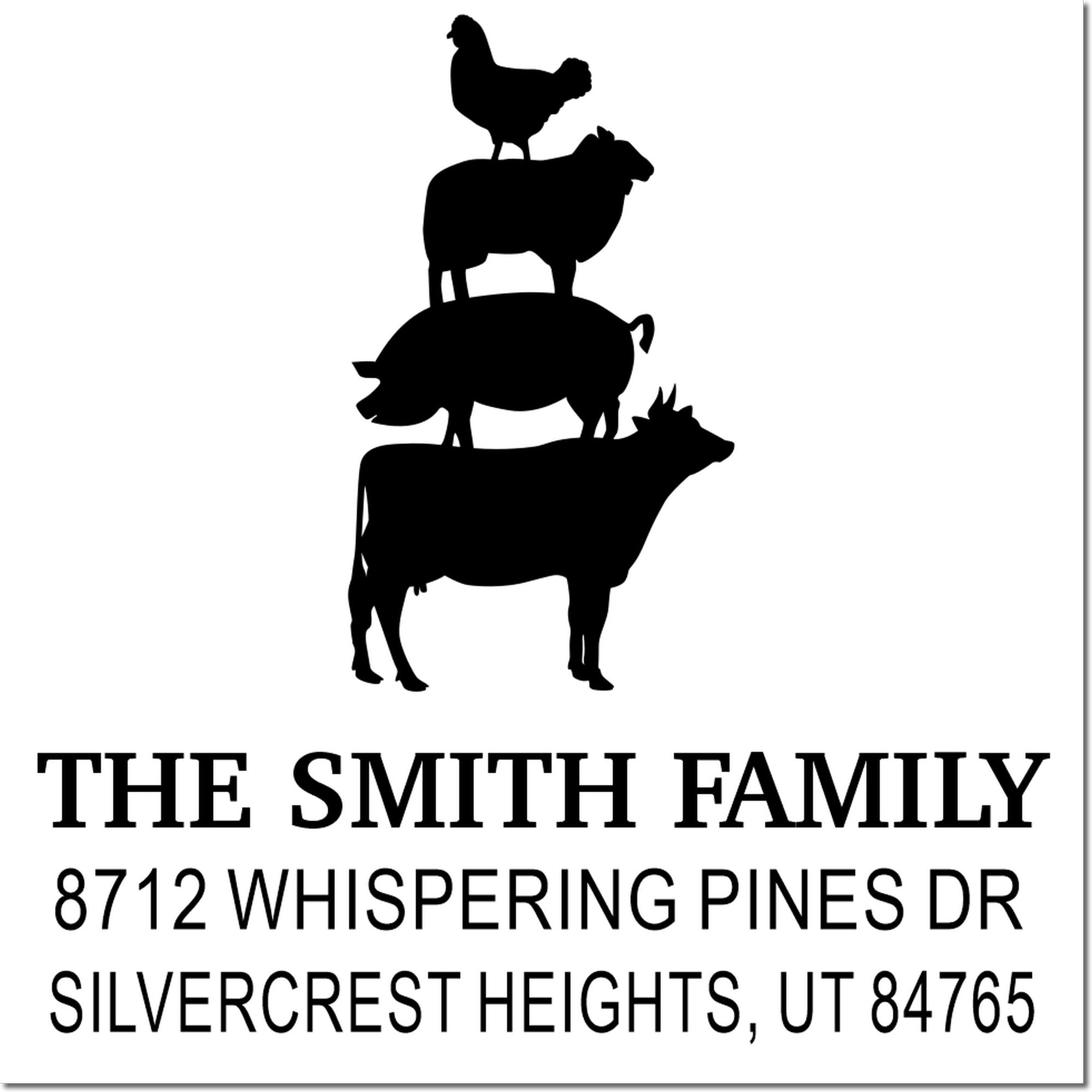 Custom family address stamp with stacked farm animal silhouettes and text: The Smith Family, 8712 Whispering Pines Dr, Silvercrest Heights, UT 84765