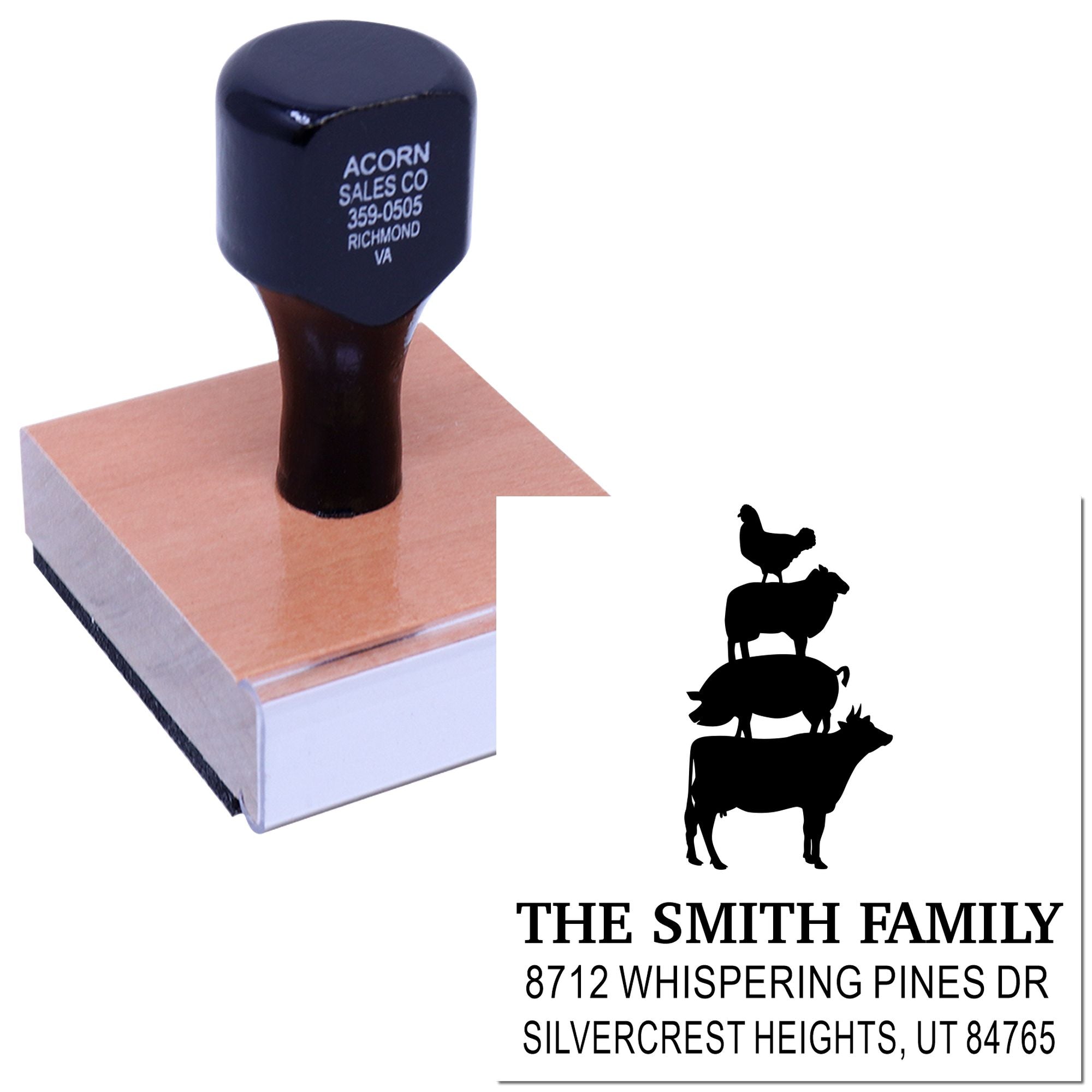Custom rubber stamp with farm animal silhouette and family address, displayed on a wooden base with sample imprint on white background.