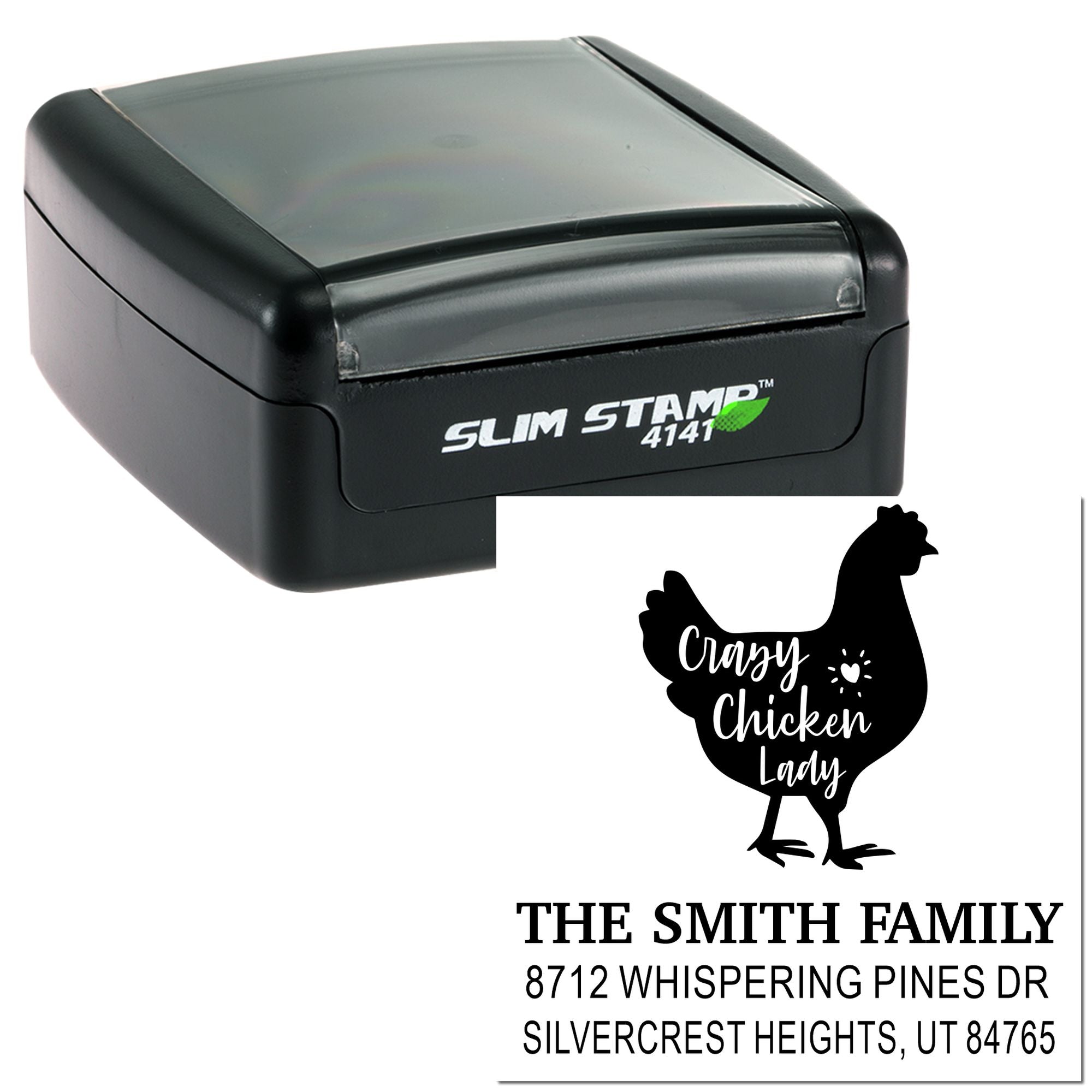 Slim Stamp self-inking custom address stamp featuring a chicken silhouette, Crazy Chicken Lady, and The Smith Family return address on a white background.