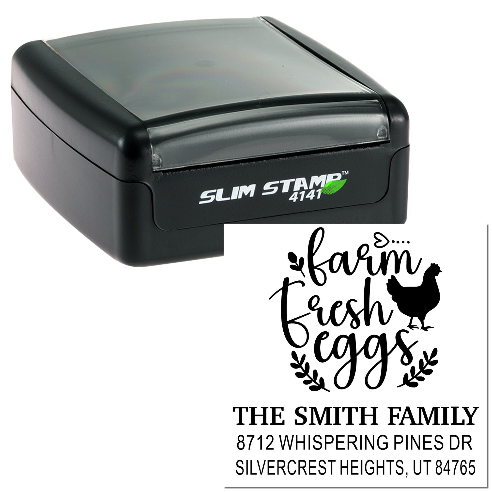 Personalized Slim Stamp 4141 with farm fresh eggs design and return address imprint, shown beside black self-inking stamp on white background.