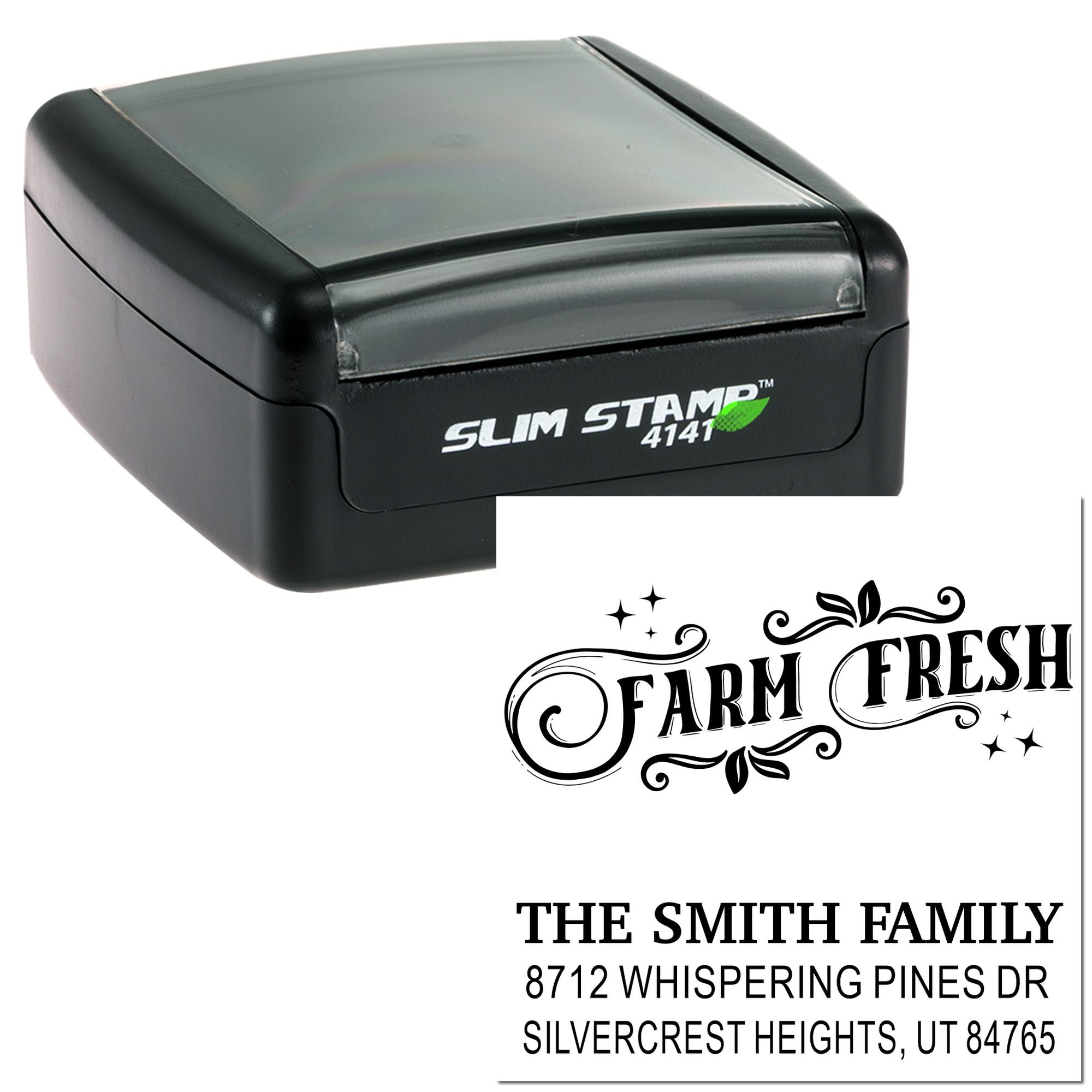 Black Slim Stamp 4141 self-inking custom address stamp with Farm Fresh logo and The Smith Family return address on white background.
