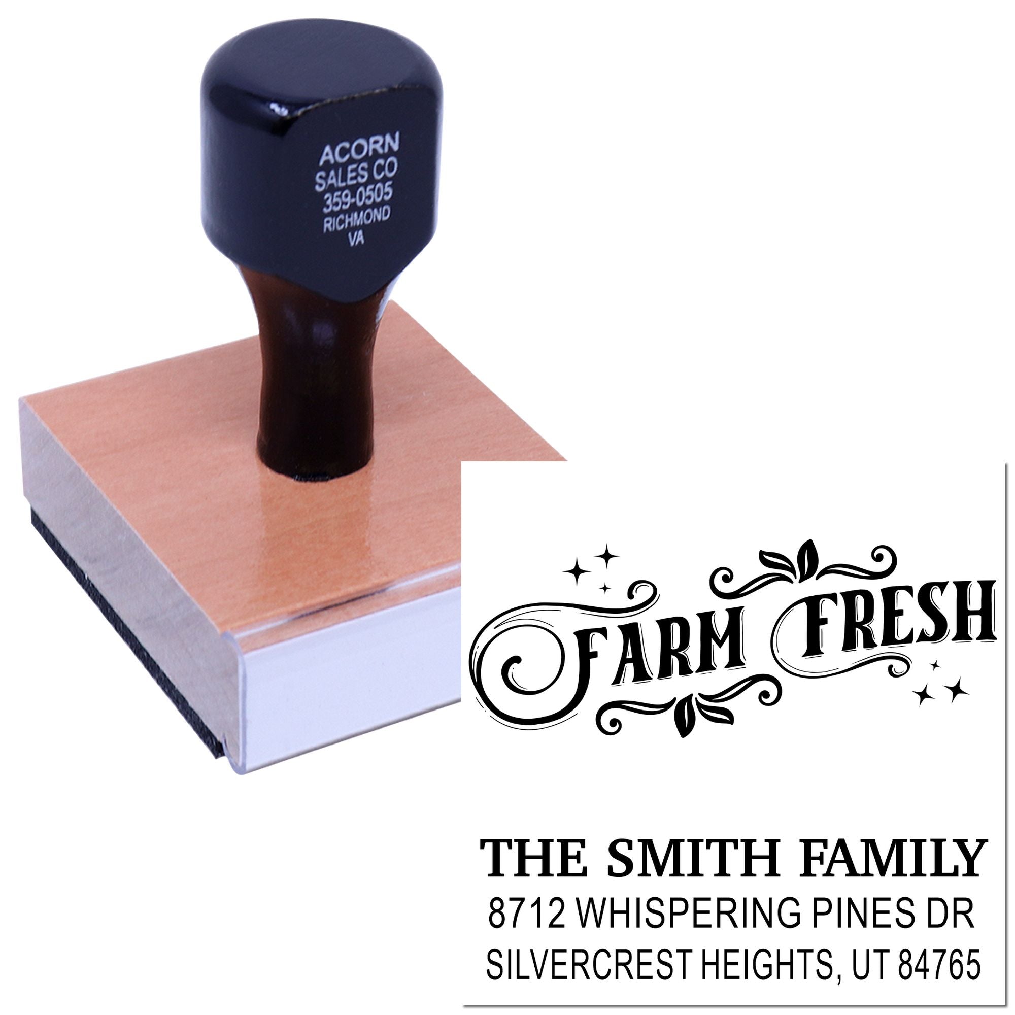 Custom wood-mounted address stamp with Farm Fresh design, showing The Smith Family name and Utah address on a white background.