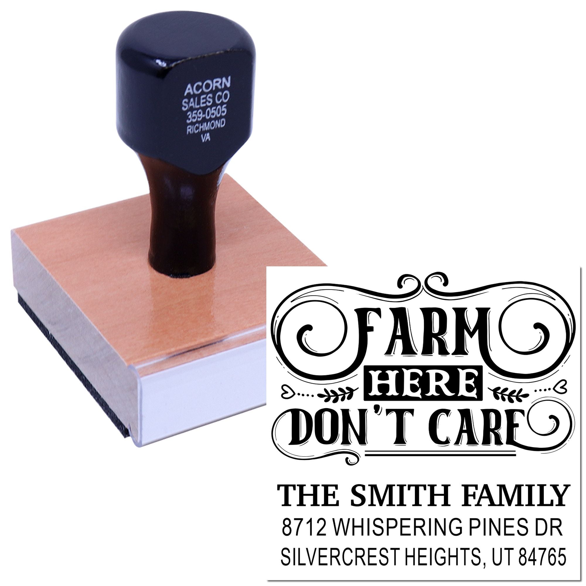 Custom farmhouse address rubber stamp with Farm Here Dont Care design, shown on wooden stamp block with sample impression and Smith family address.