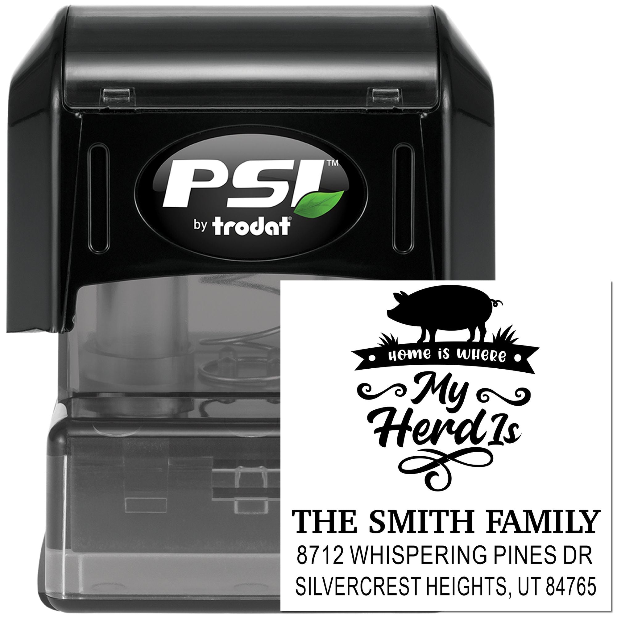 Custom self-inking PSI by Trodat stamp with pig design and Home is where My Herd Is family address imprint on white background.