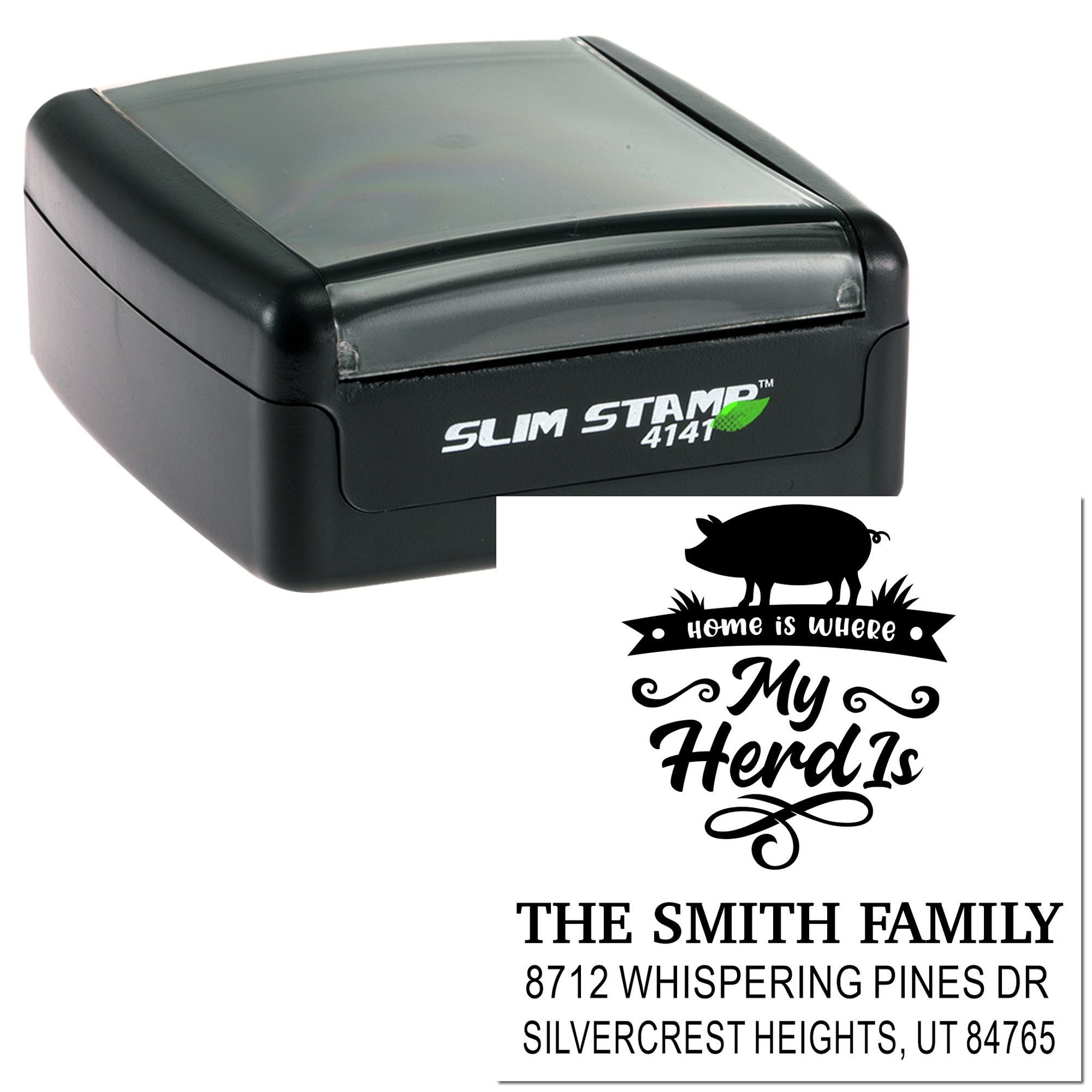 Custom self-inking Slim Stamp with pig silhouette and Home is where My Herd Is personalized family address imprint on a white background.