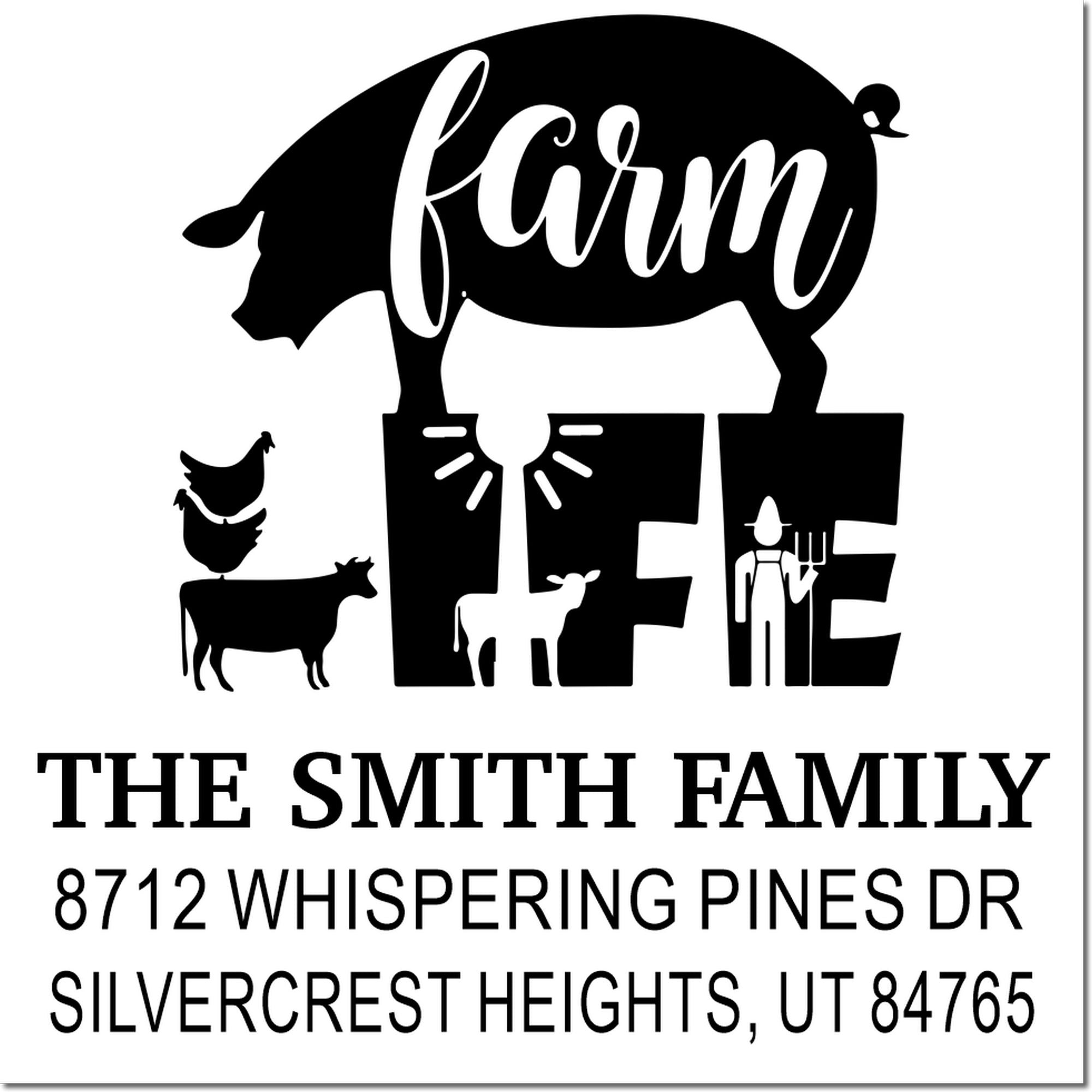 Custom farm life rubber stamp with pig, cow, chicken, lamb and farmer, personalized for The Smith Family at Whispering Pines Dr.
