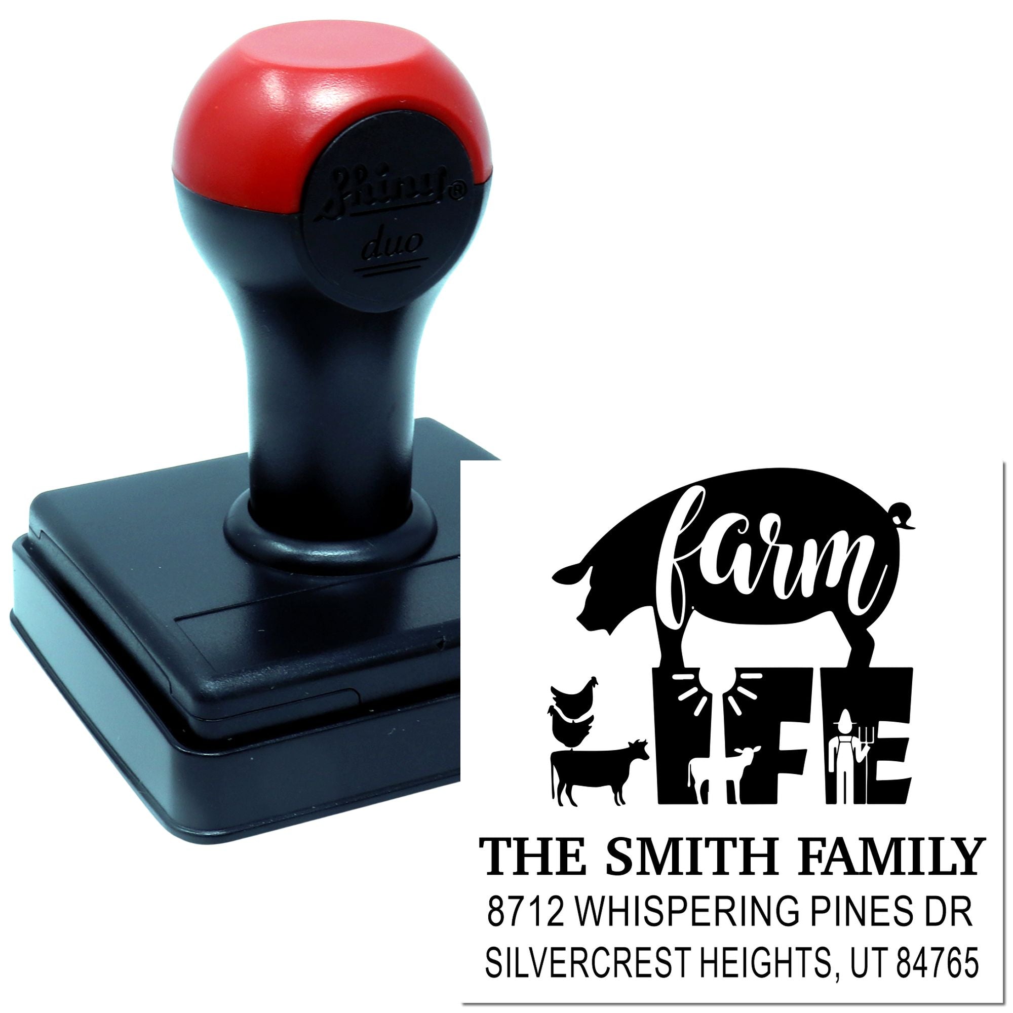 Custom self-inking farm stamp with pig silhouette, family name, and address, shown beside the stamp handle and imprint sample on a white background.