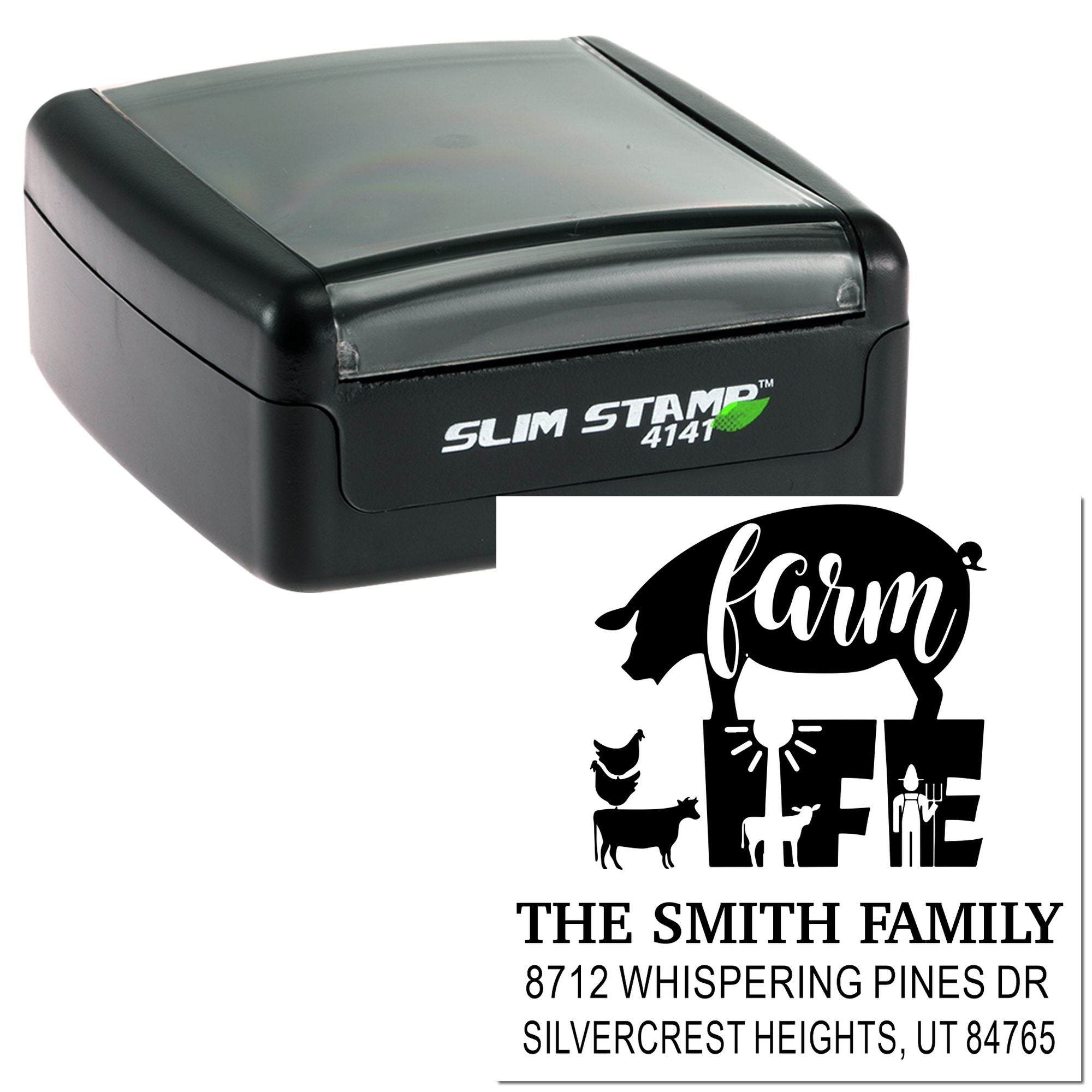 Custom SlimStamp 4141 address stamp with farmhouse pig and farm design, showing The Smith Family name and Utah mailing address on a white background.