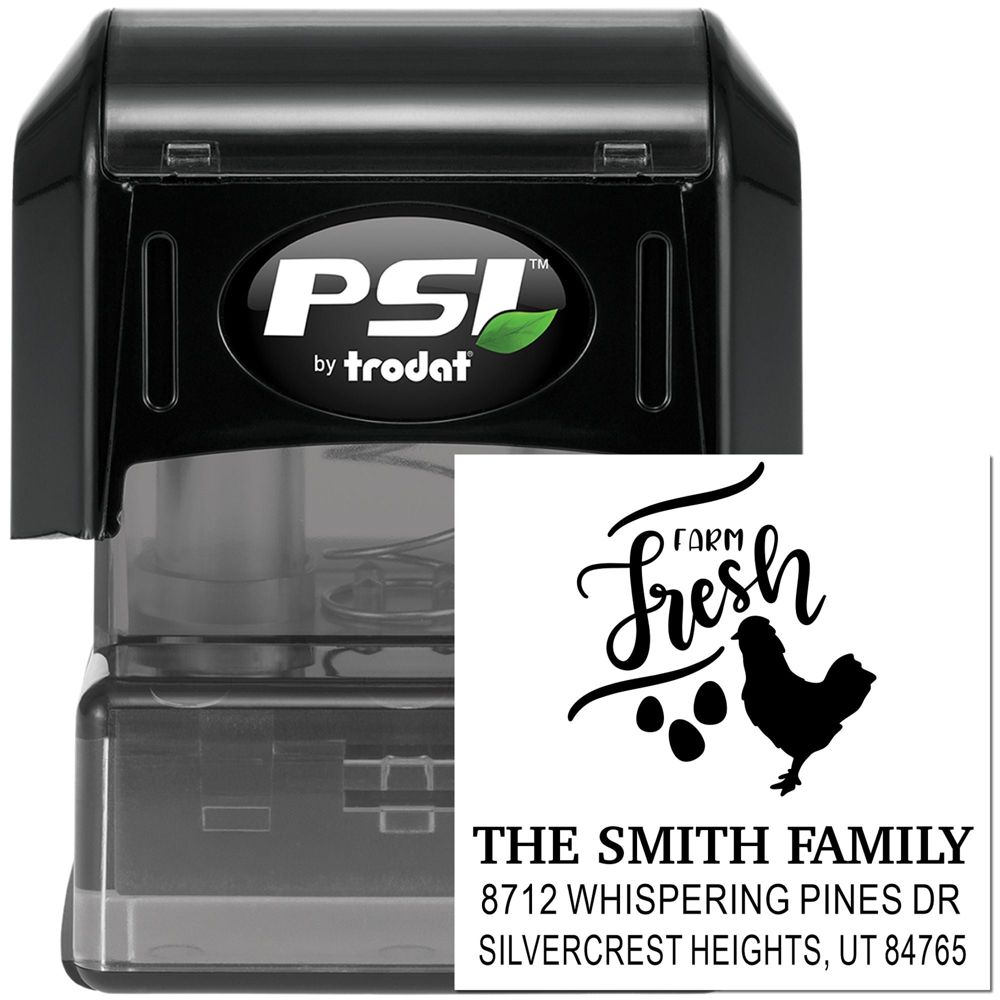 Self-inking PSI by Trodat custom address stamp showing Farm Fresh chicken design and The Smith Family address imprint on white background.