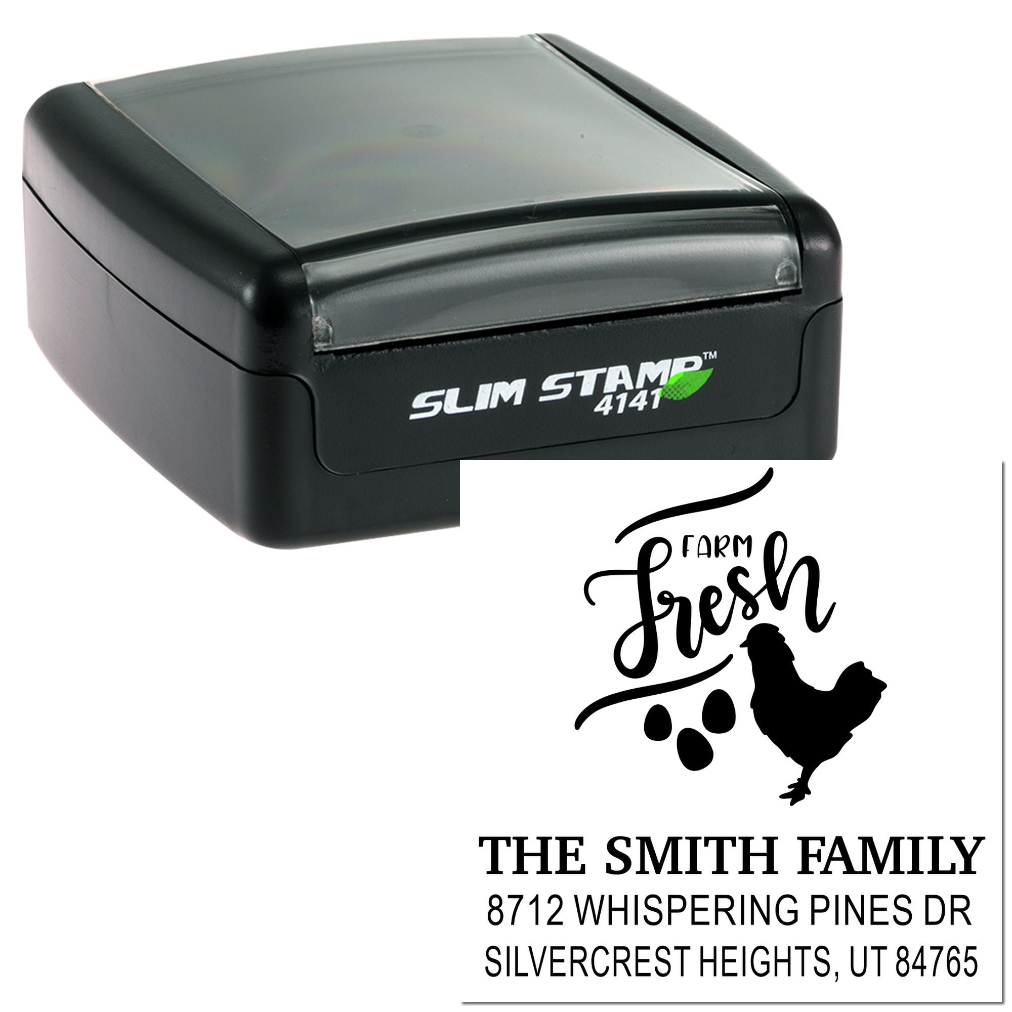 Slim self-inking custom address stamp with Farm Fresh chicken logo, The Smith Family name, and mailing address on white background.