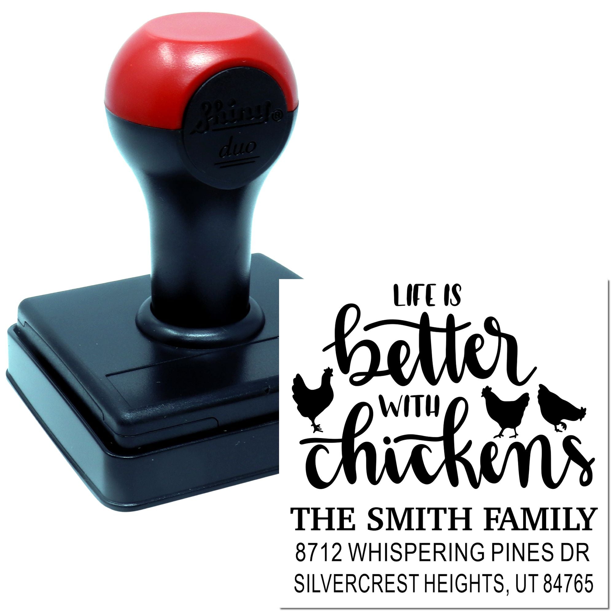 Custom self-inking stamp with red-and-black handle, showing a Life is better with chickens return address design and hen silhouettes.