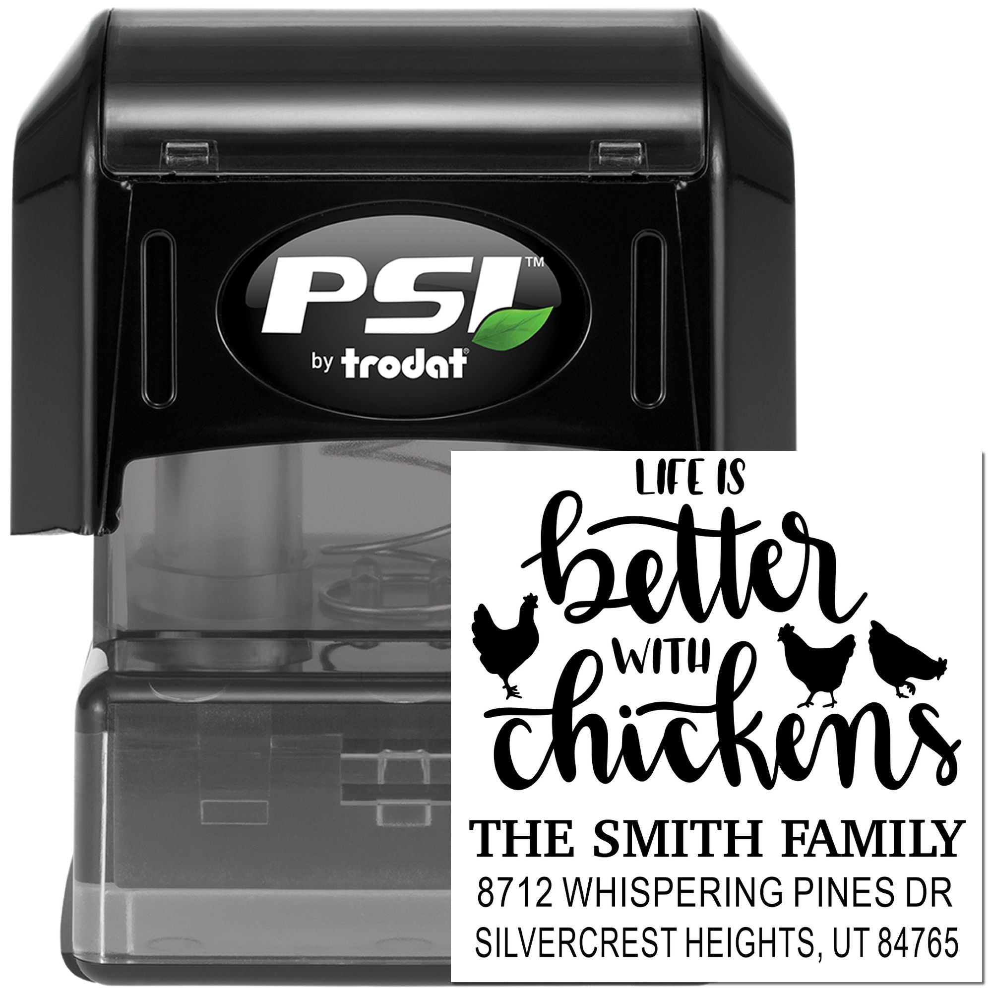 PSI by Trodat self-inking custom chicken address stamp with family name and address imprint on white background.