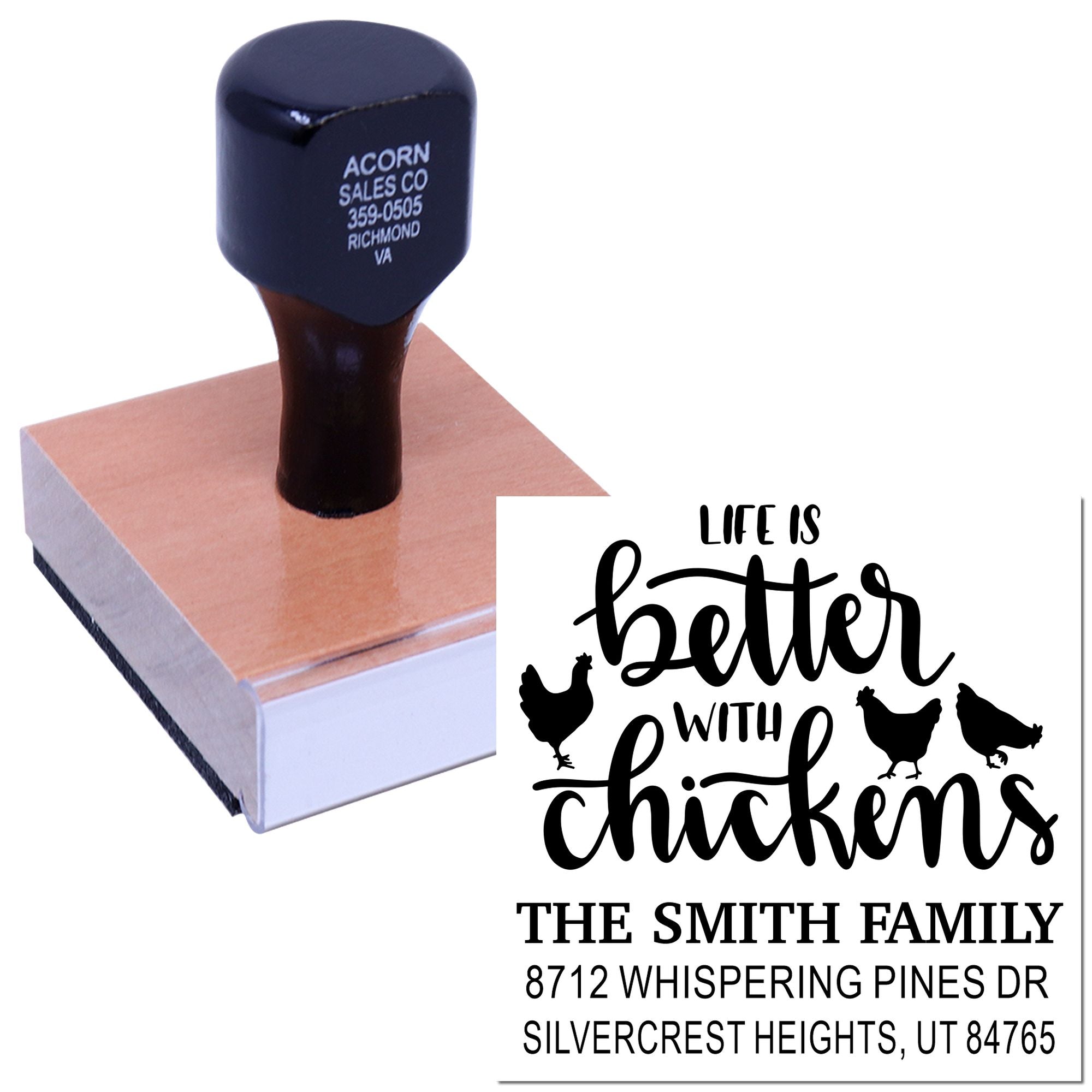 Custom rubber address stamp with chicken quote and family name, shown on a wooden stamp block in a white studio product display.