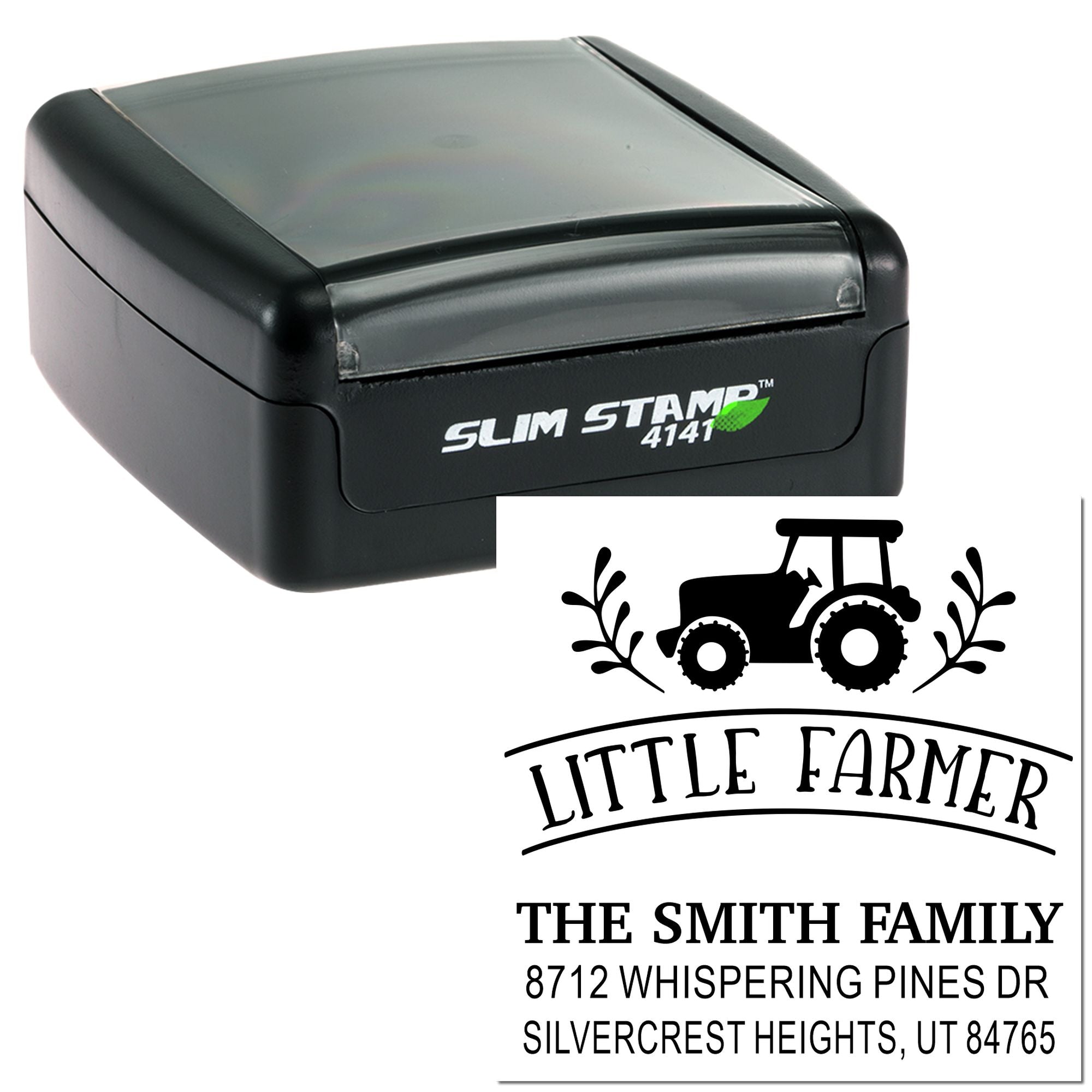 Black Slim Stamp 4141 self-inking farm address stamp with tractor icon and Little Farmer design, shown with personalized family address on white background.