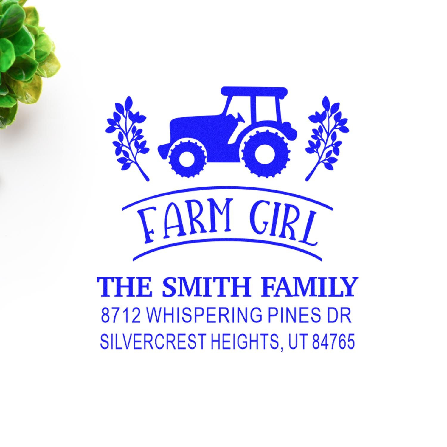 Blue custom farm girl address stamp with tractor and leaves on white background, featuring The Smith Family and Silvercrest Heights, UT address.