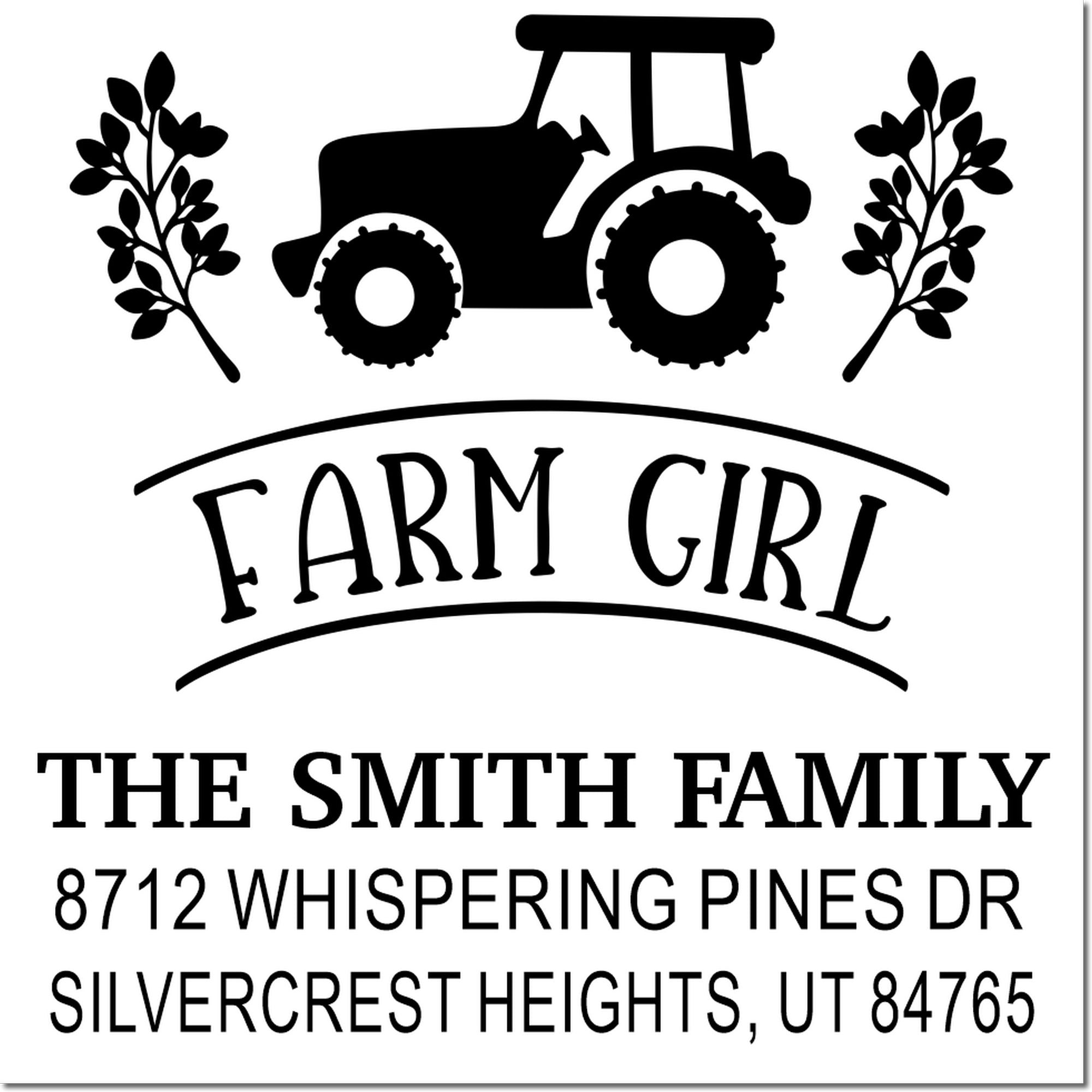 Personalized farm girl address stamp with tractor and leaf design, featuring The Smith Family and address in Silvercrest Heights, UT 84765.