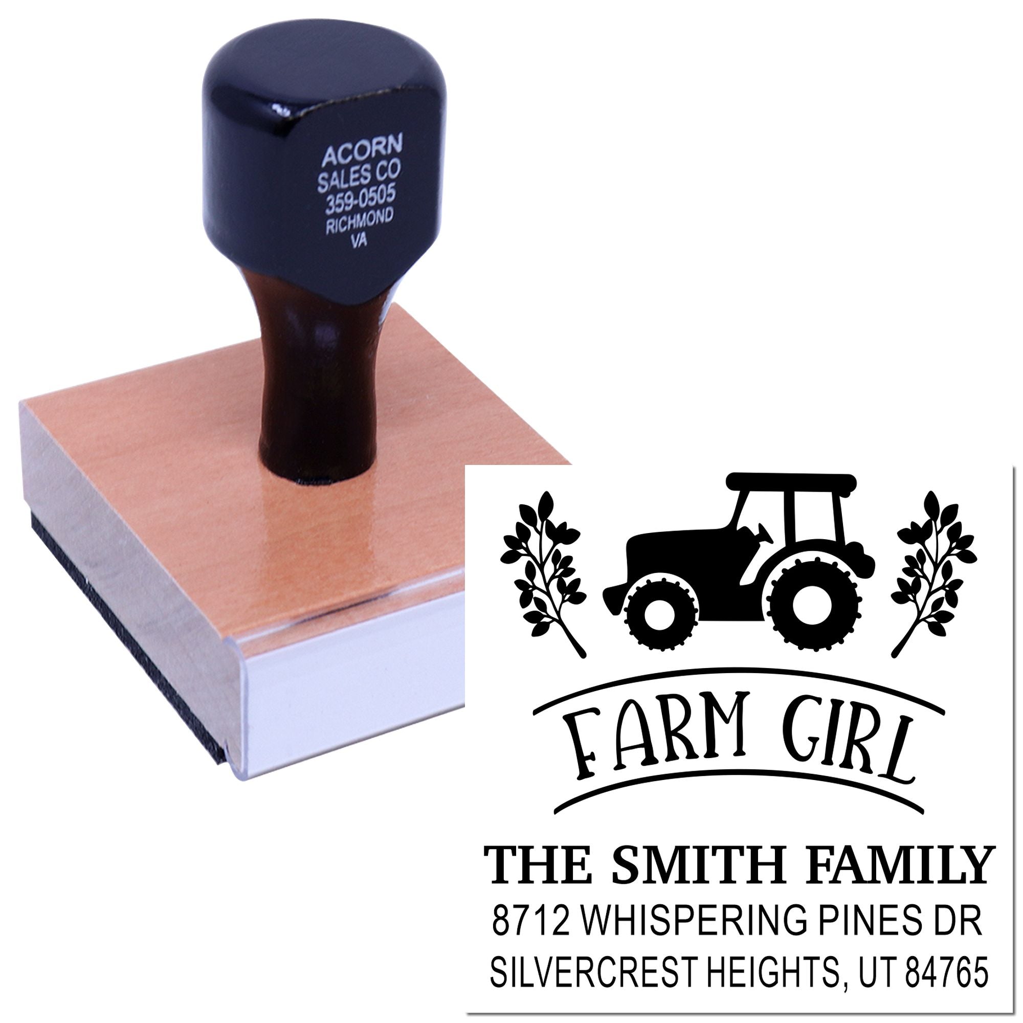 Custom farm girl address stamp with tractor and leaves, shown on a wooden handle stamp base beside the printed family name and mailing address.