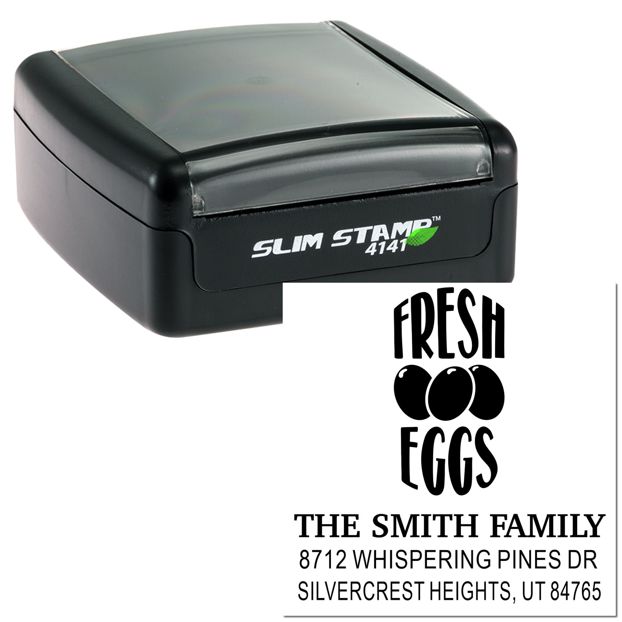 Slim Stamp 4141 custom address stamp with Fresh Eggs design and The Smith Family return address, black self-inking stamp isolated on white.