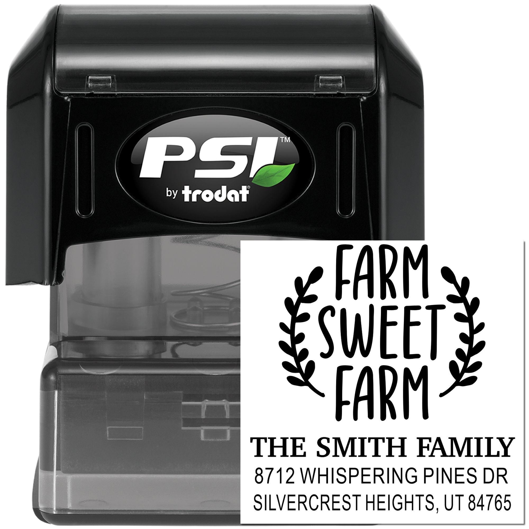 Black PSI by Trodat self-inking stamp with custom Farm Sweet Farm address design for The Smith Family, shown on a white background.