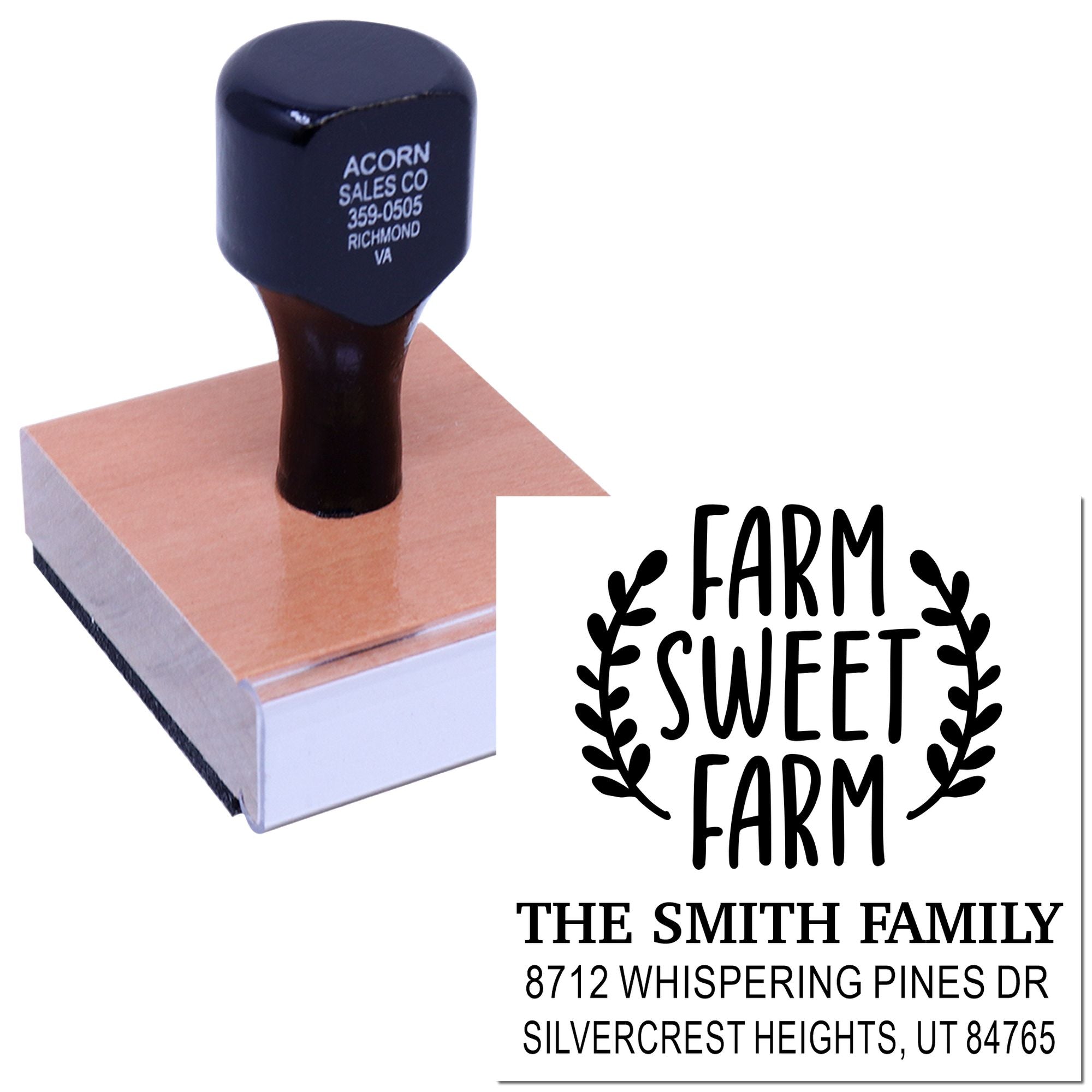 Custom self-inking farm address stamp pressed on paper, showing Farm Sweet Farm and The Smith Family return address.