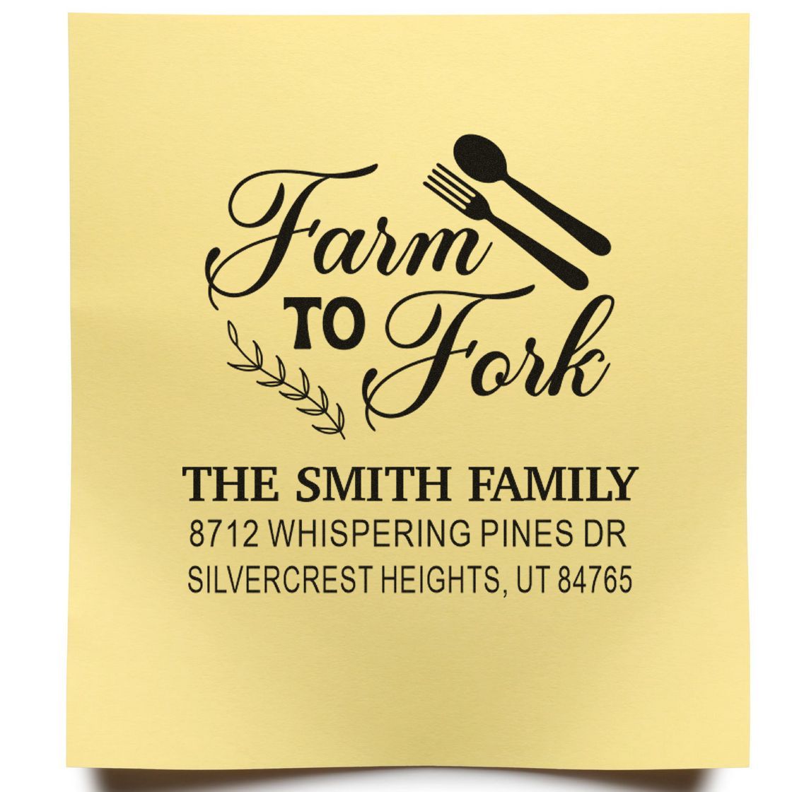 Custom Farm to Fork address stamp with spoon and fork design on yellow background, personalized for The Smith Family, Whispering Pines Dr, Utah.