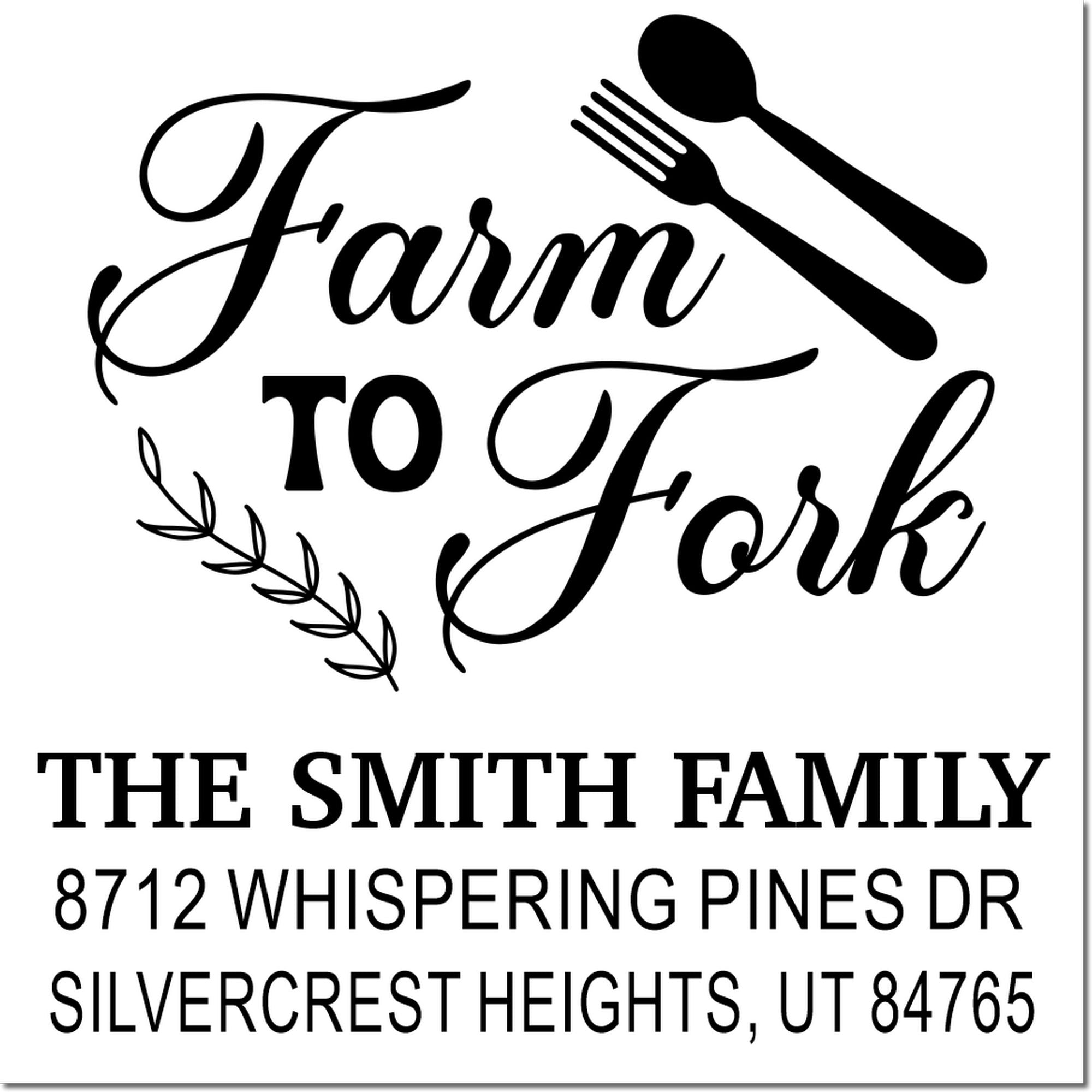 Personalized Farm to Fork address stamp with spoon and fork graphic, leaf accent, and family name with home address.