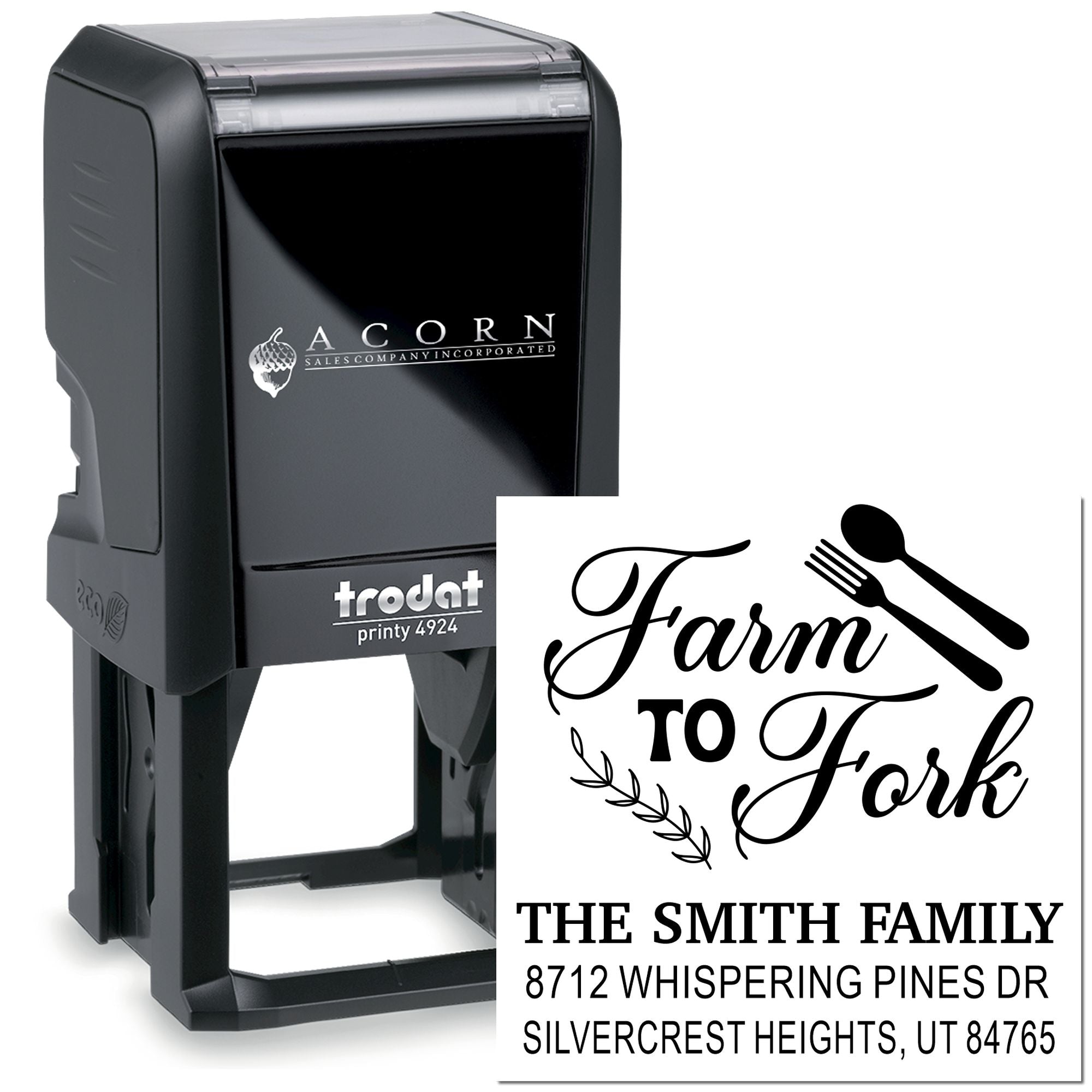 Custom self-inking Trodat address stamp with Farm to Fork design, fork and spoon icon, and The Smith Family address for mailing or branding.