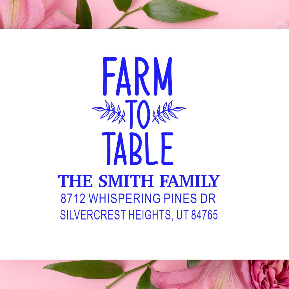 Personalized Farm to Table return address stamp for The Smith Family, with blue leaf accents on a white card and pink floral border.