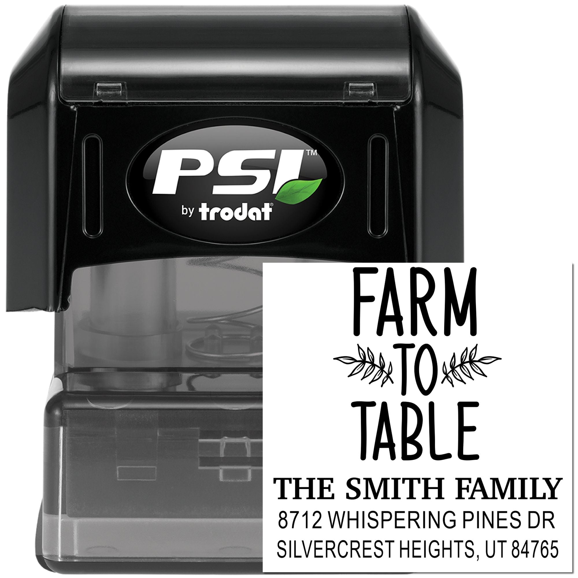 Black self-inking custom address stamp with Farm to Table design, featuring The Smith Family and a Silvercrest Heights, UT mailing address.