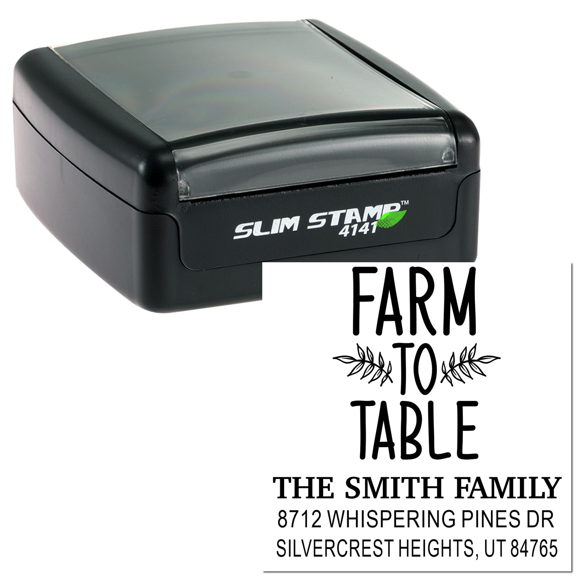 Custom self-inking farm-to-table address stamp with Slim Stamp 4141 case, showing The Smith Family name and home address on a white background.
