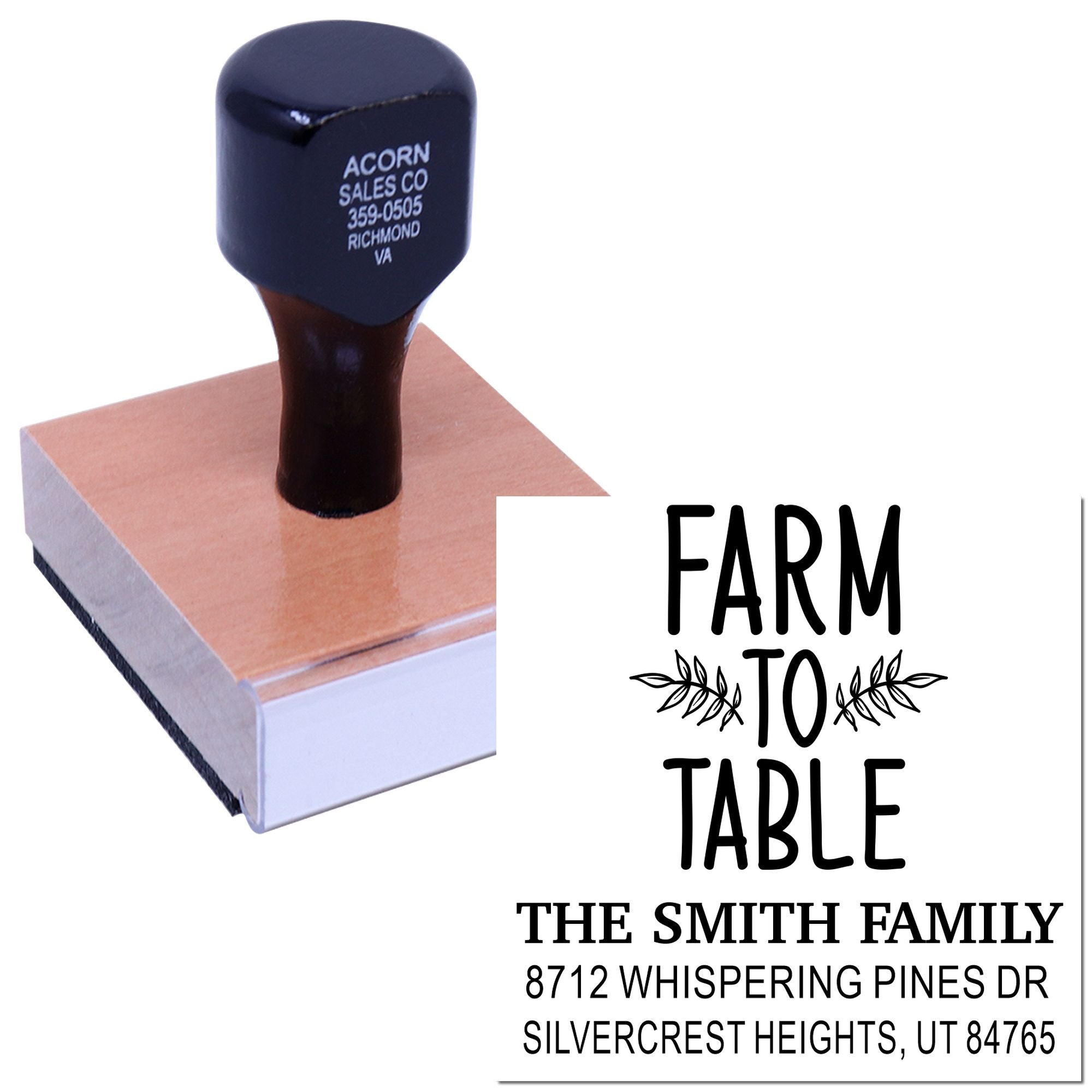 Personalized self-inking rubber stamp on white background, showing a farm-to-table return address design with family name and home address.