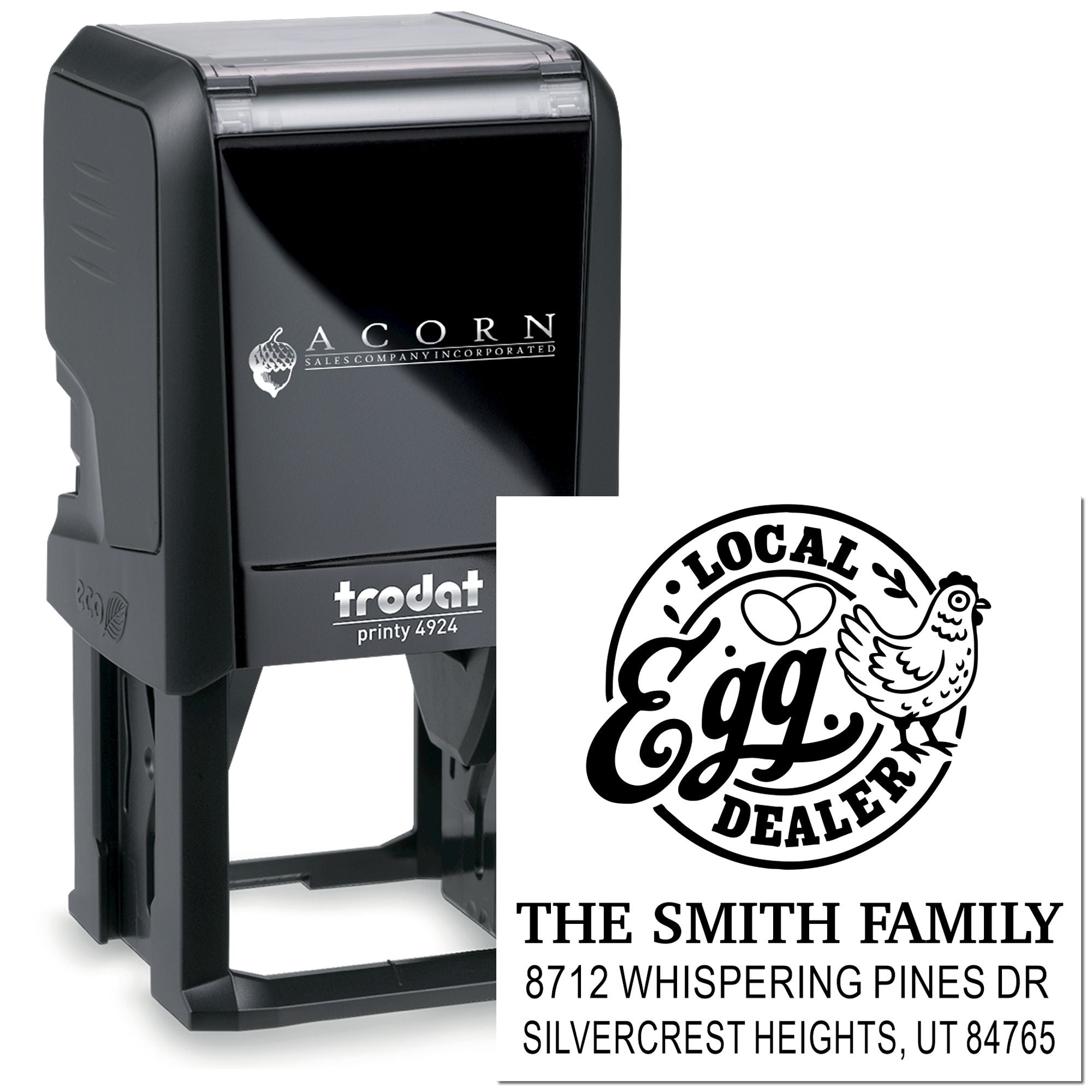 Custom self-inking stamp and imprint for Local Egg Dealer, featuring chicken logo, The Smith Family, and address on a white background.