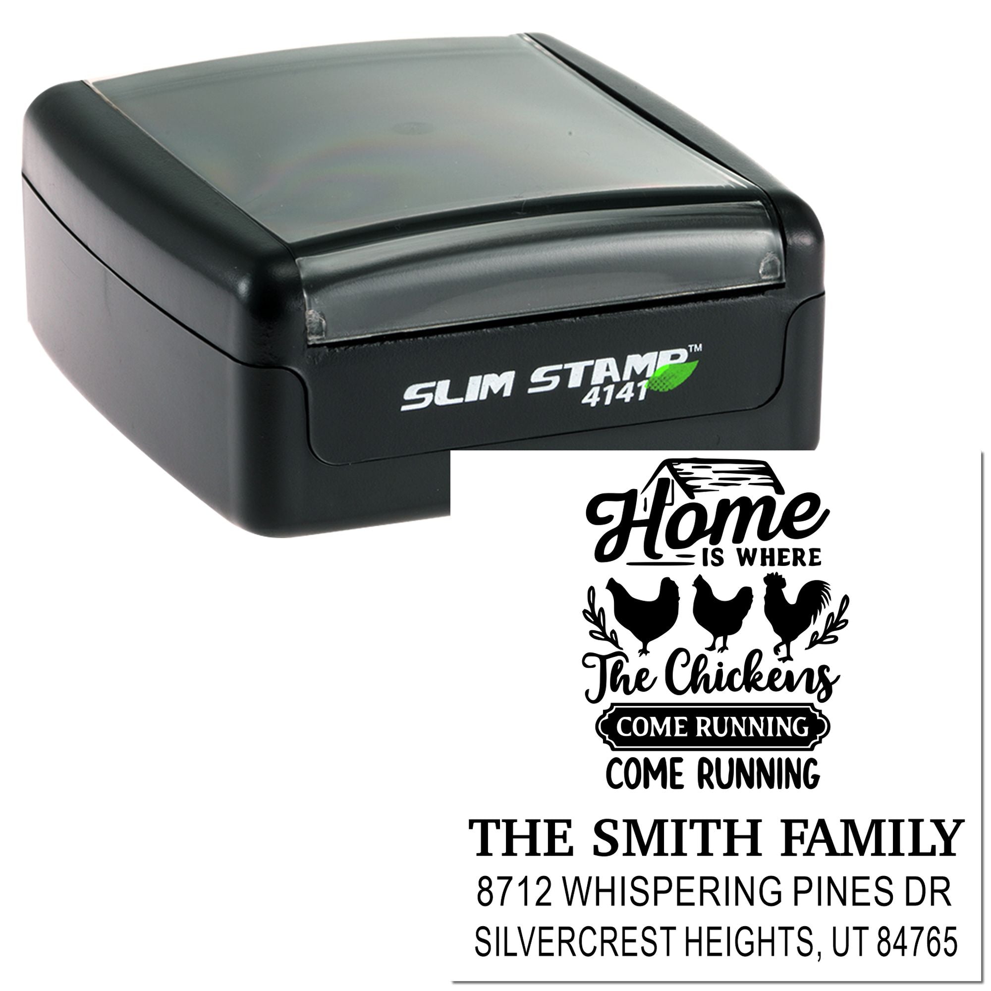 Slim Stamp 4141 self-inking address stamp with farmhouse chicken design, personalized family name, and return address on white background.