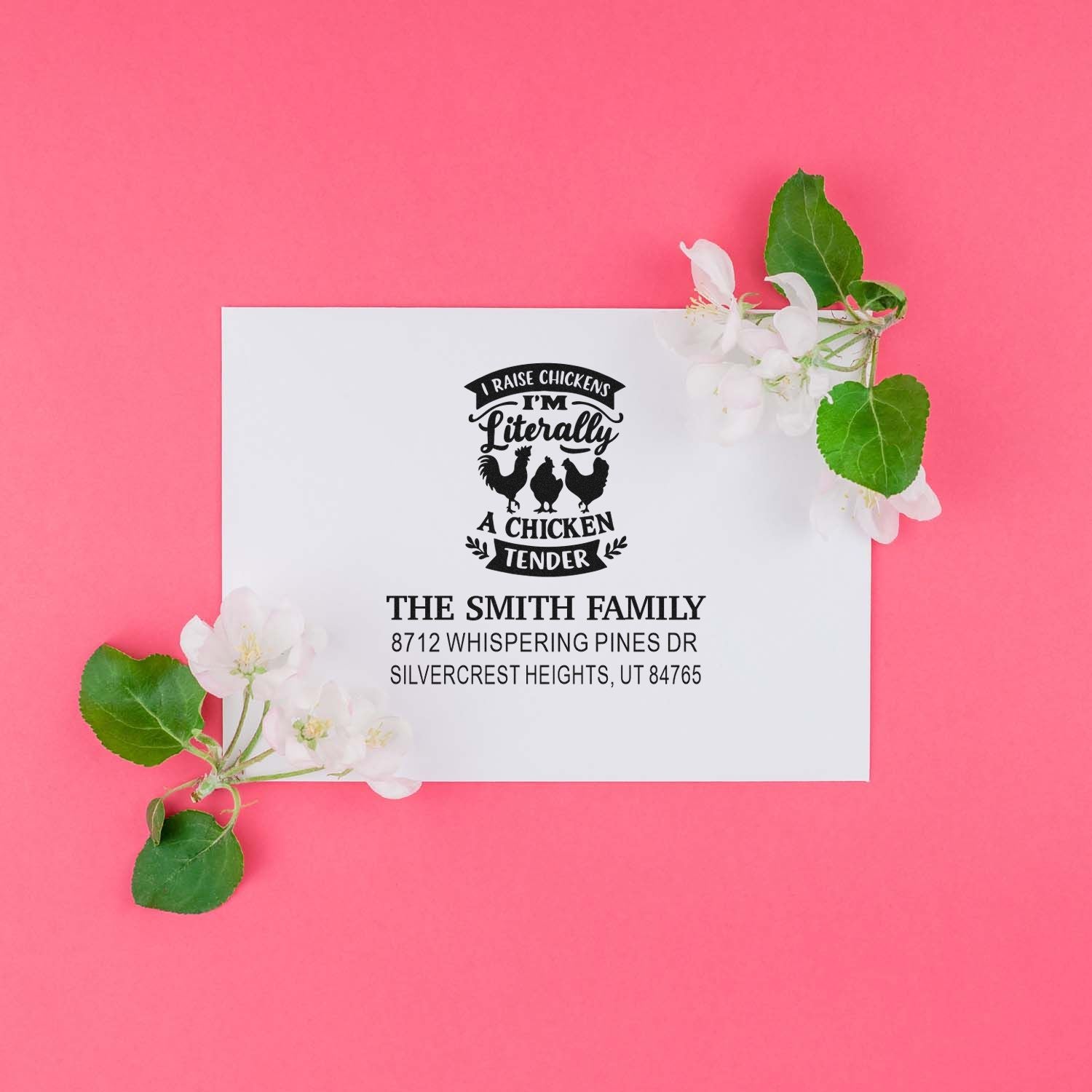 Custom chicken-themed address stamp on a white envelope, styled with flowers and leaves on a bright pink background.