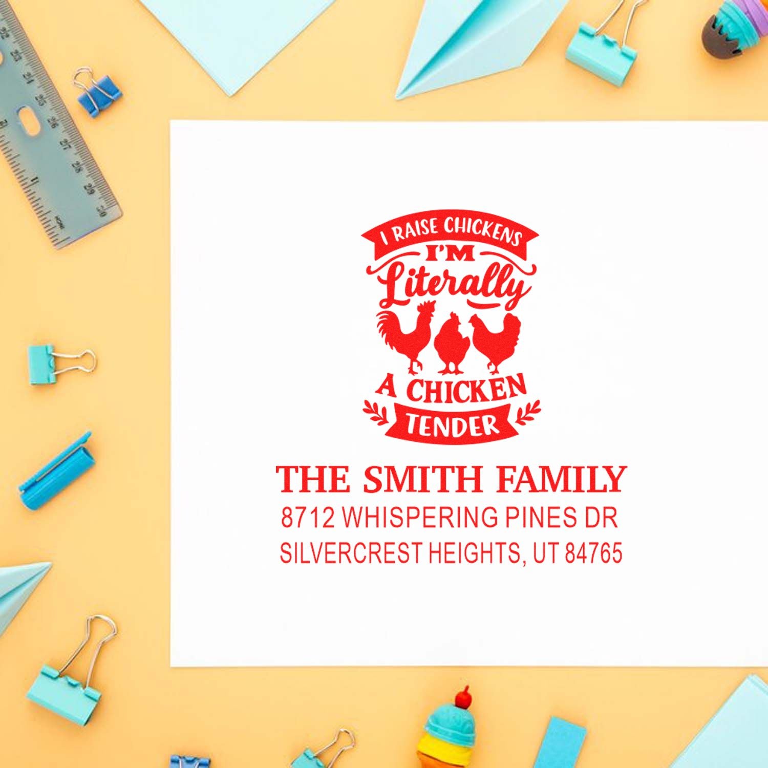 Custom chicken-themed address stamp for The Smith Family on white paper, surrounded by pastel stationery and binder clips on a yellow desk.