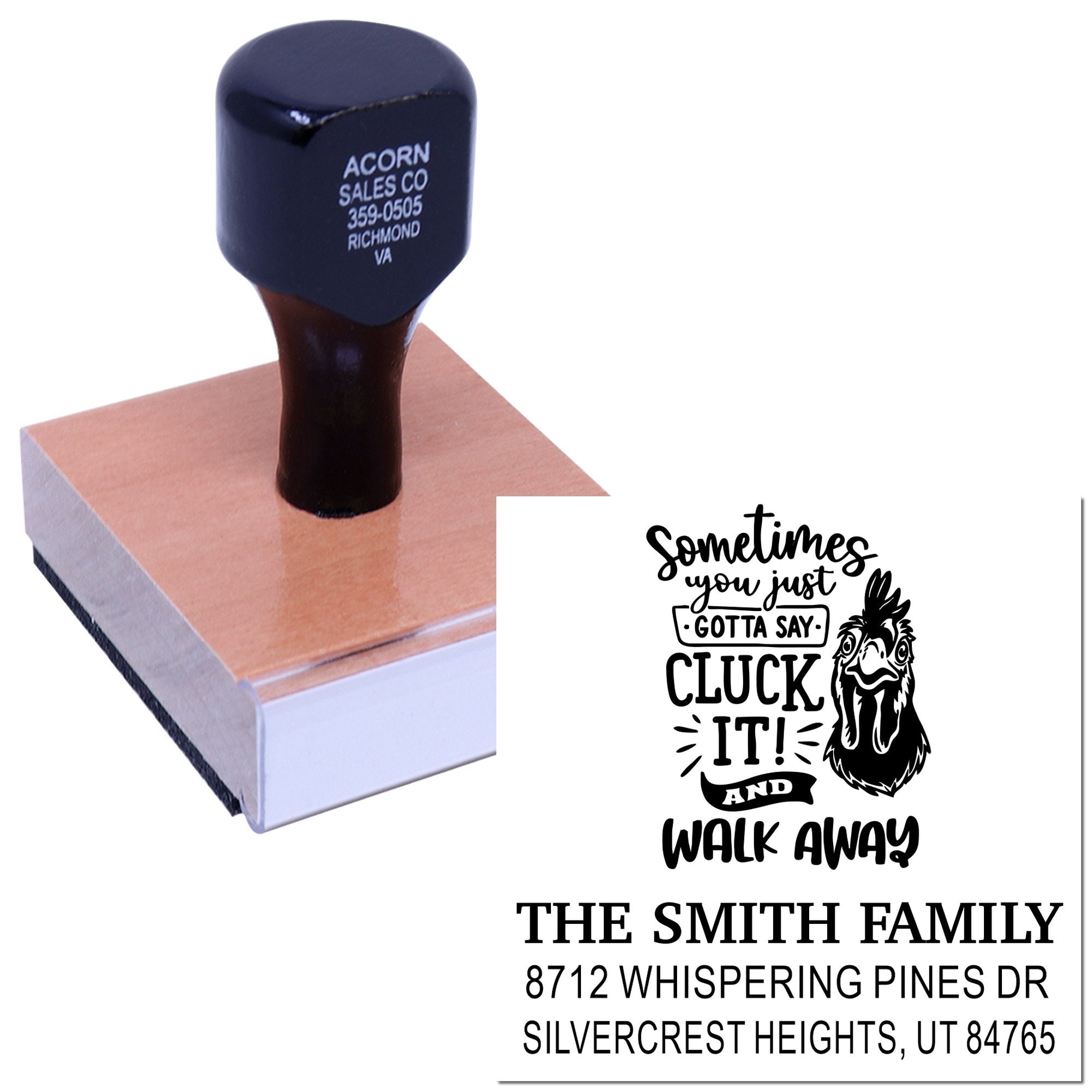 Custom rubber stamp on wooden block, shown with chicken quote design and personalized family address on white background.