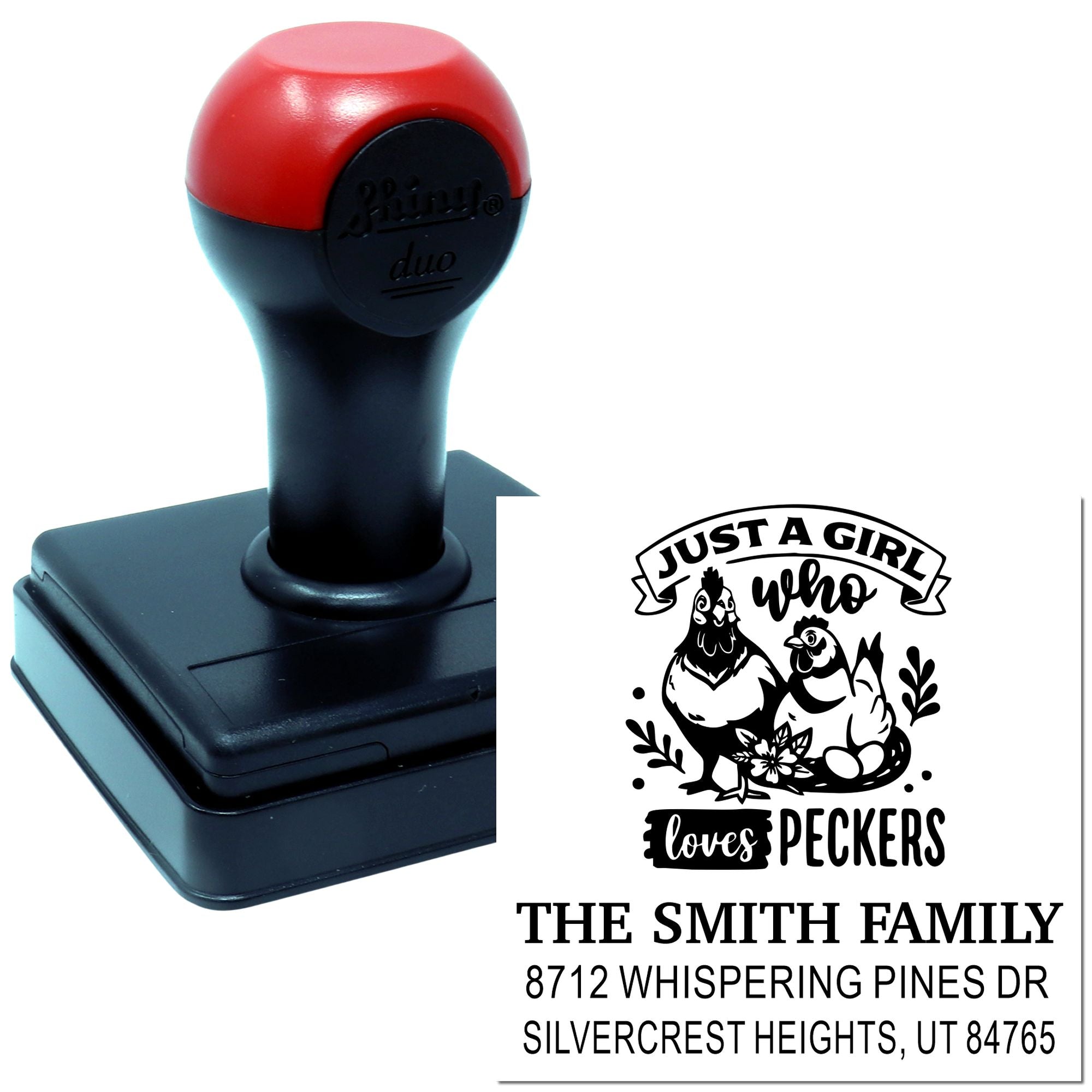 Red-and-black self-inking stamp with custom Just a Girl Who Loves Peckers chicken design and Smith family return address sample imprint on white background