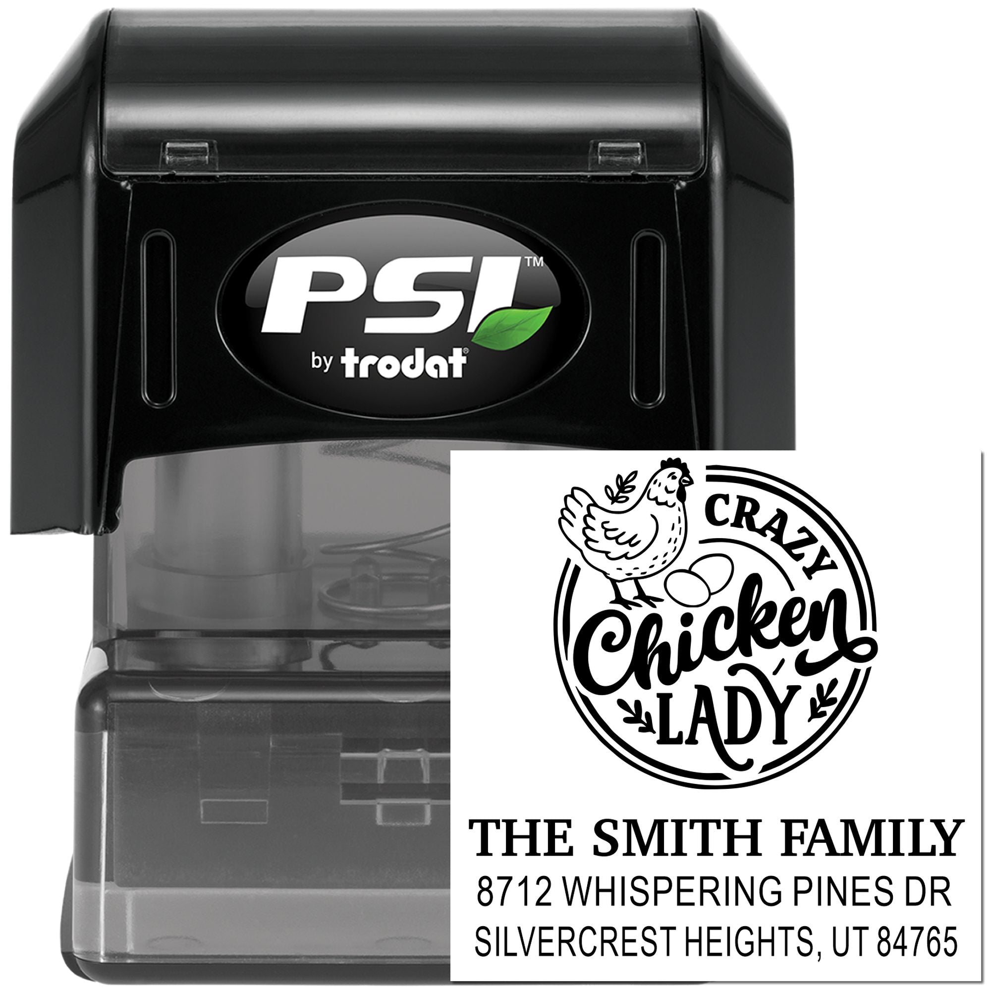 Self-inking PSI by Trodat custom stamp with chicken lady return address design for The Smith Family, shown on a white background.