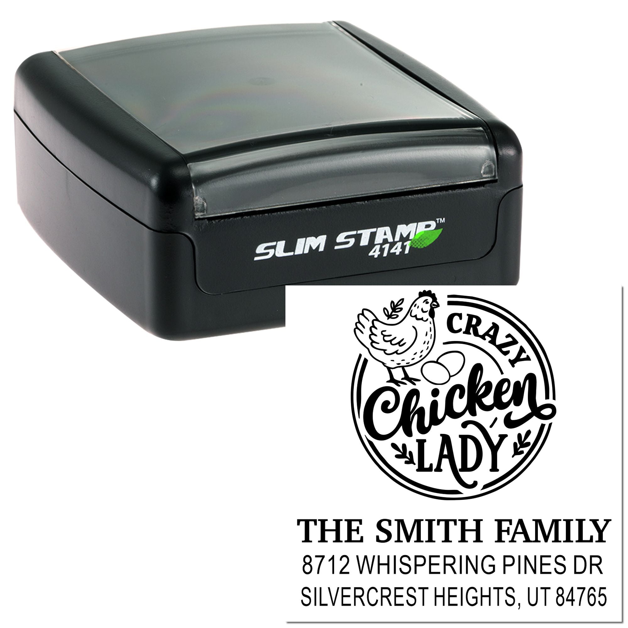 Self-inking Slim Stamp 4141 on white background with custom chicken lady return address imprint for The Smith Family and address.
