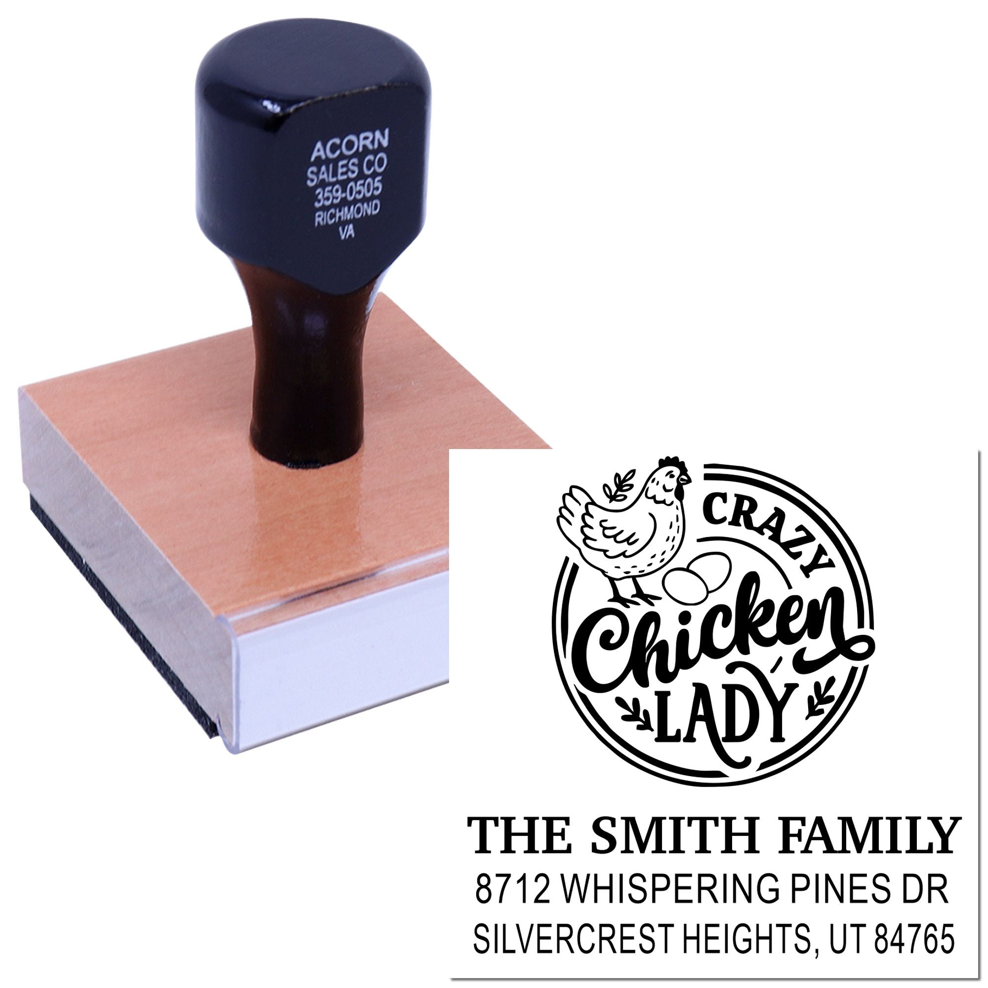 Custom rubber stamp on wooden block with chicken design and personalized address, stamping Crazy Chicken Lady for family labels on a white background.