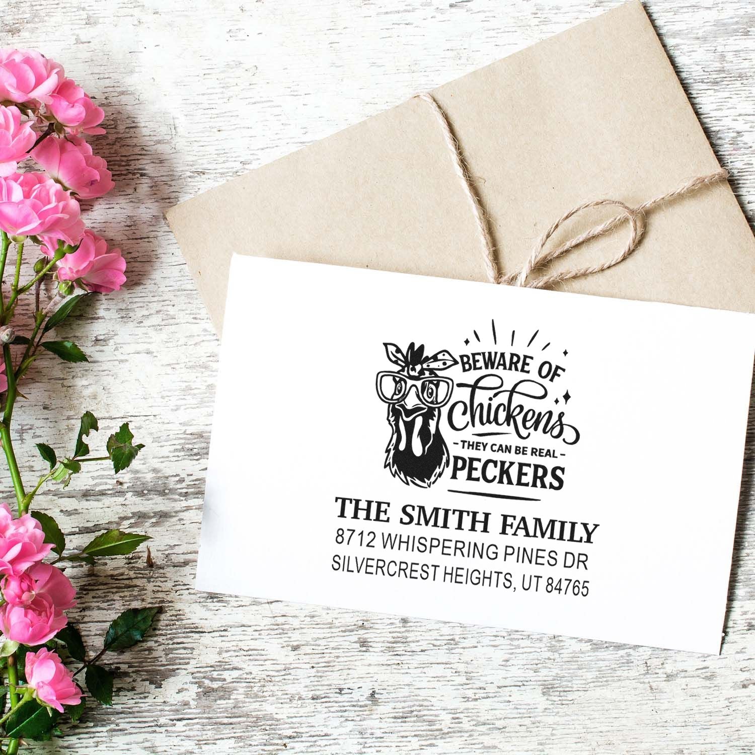 Custom chicken-themed address stamp on white card over kraft envelope, styled on rustic wood with pink flowers, featuring Beware of Chickens family name and address.