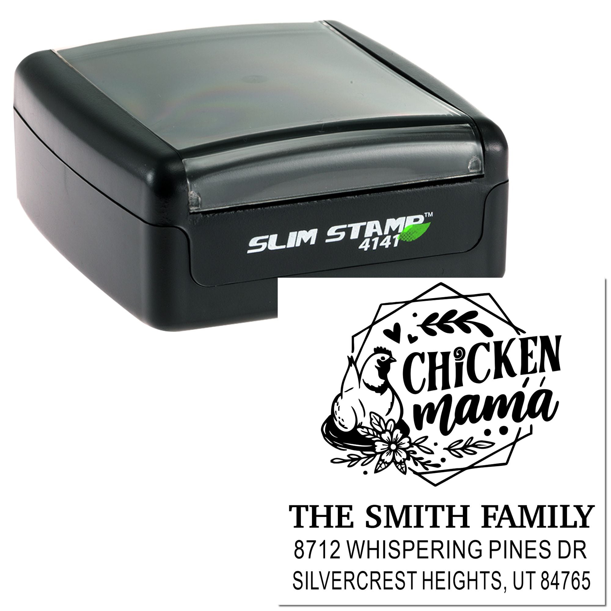 Slim self-inking stamp with Chicken Mama chicken design and The Smith Family address imprint on a white background.