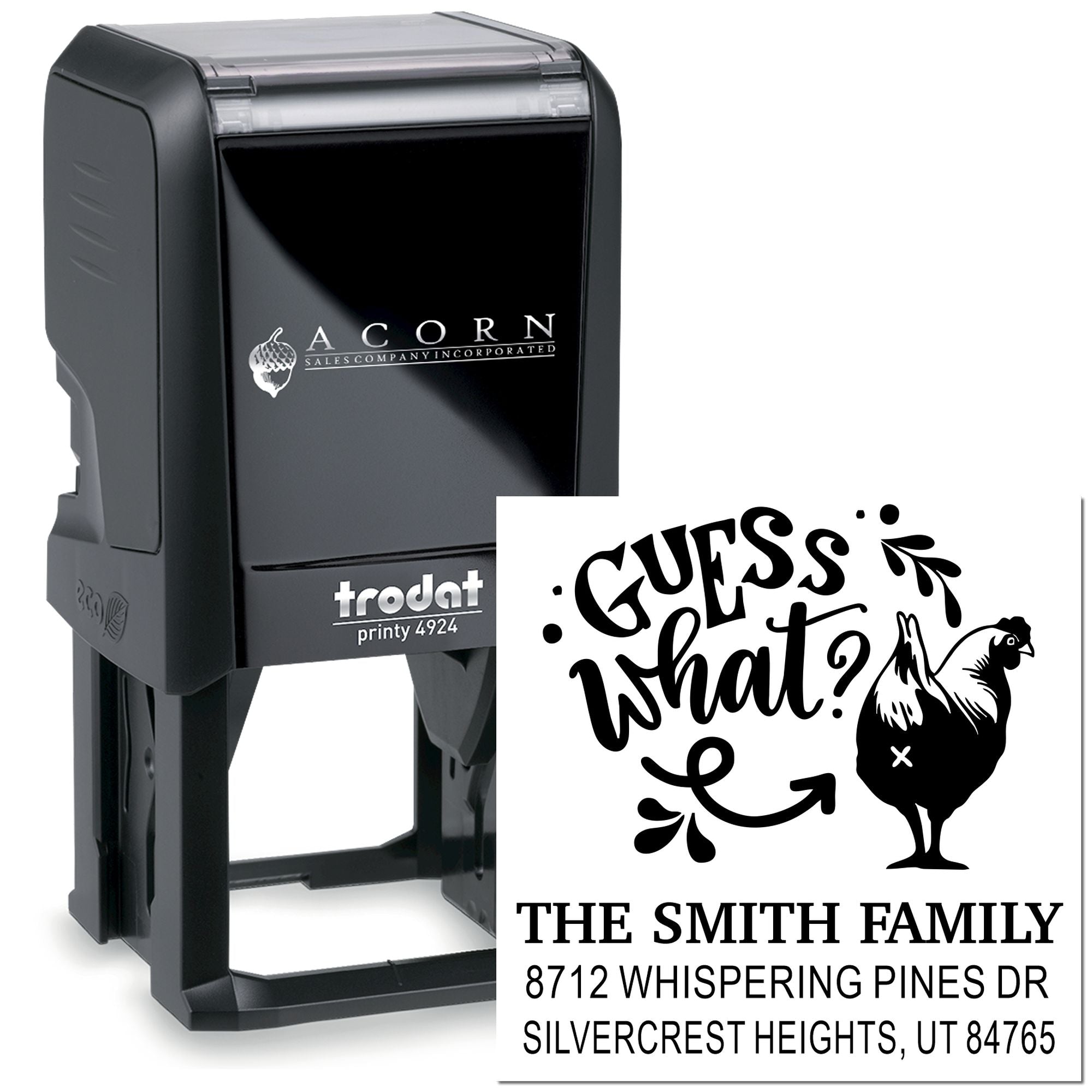 Black Trodat self-inking personalized stamp showing a Guess what? chicken design, Smith family name, and return address on white background.
