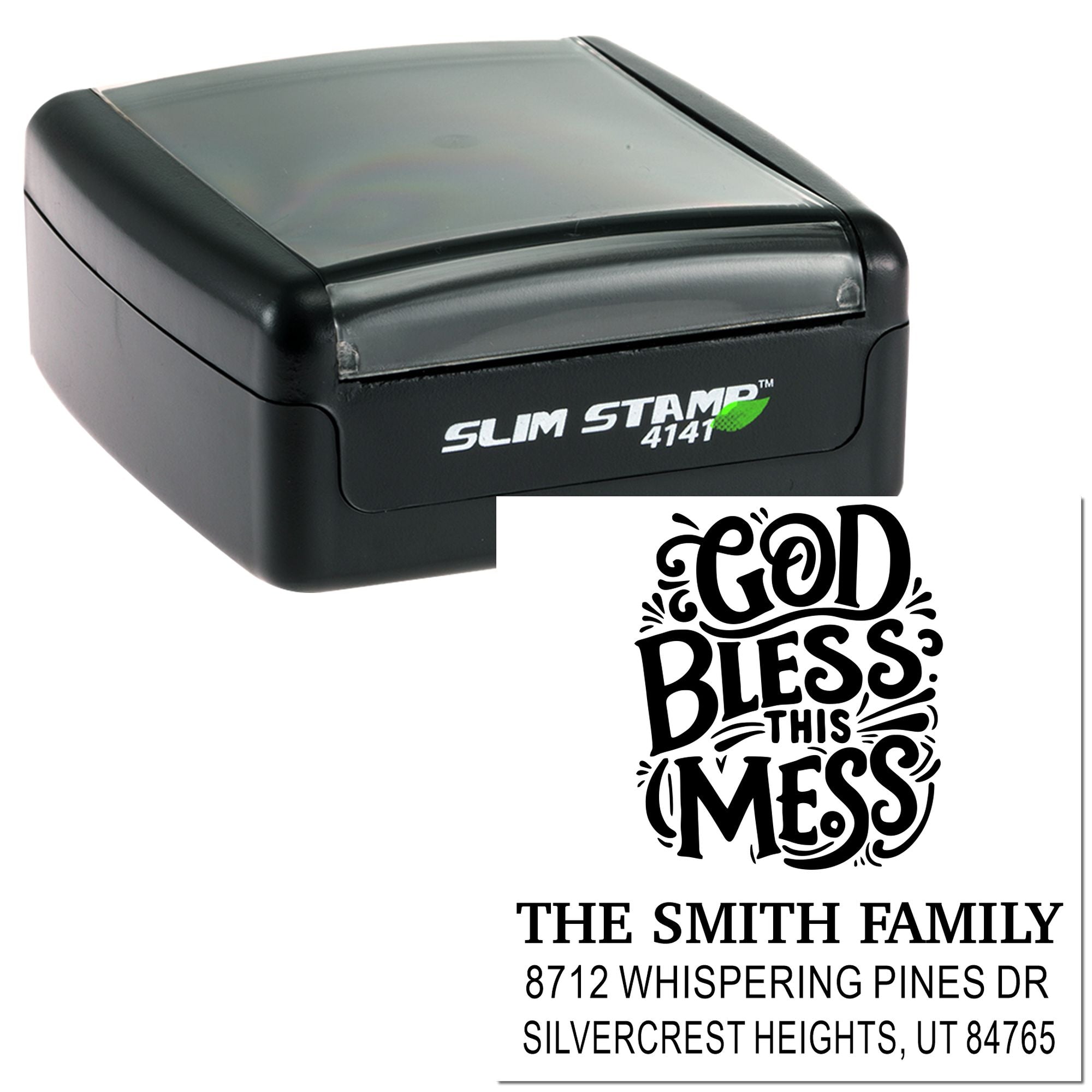 Self-inking Slim Stamp 4141 with custom God Bless This Mess return address design for The Smith Family on a white background.
