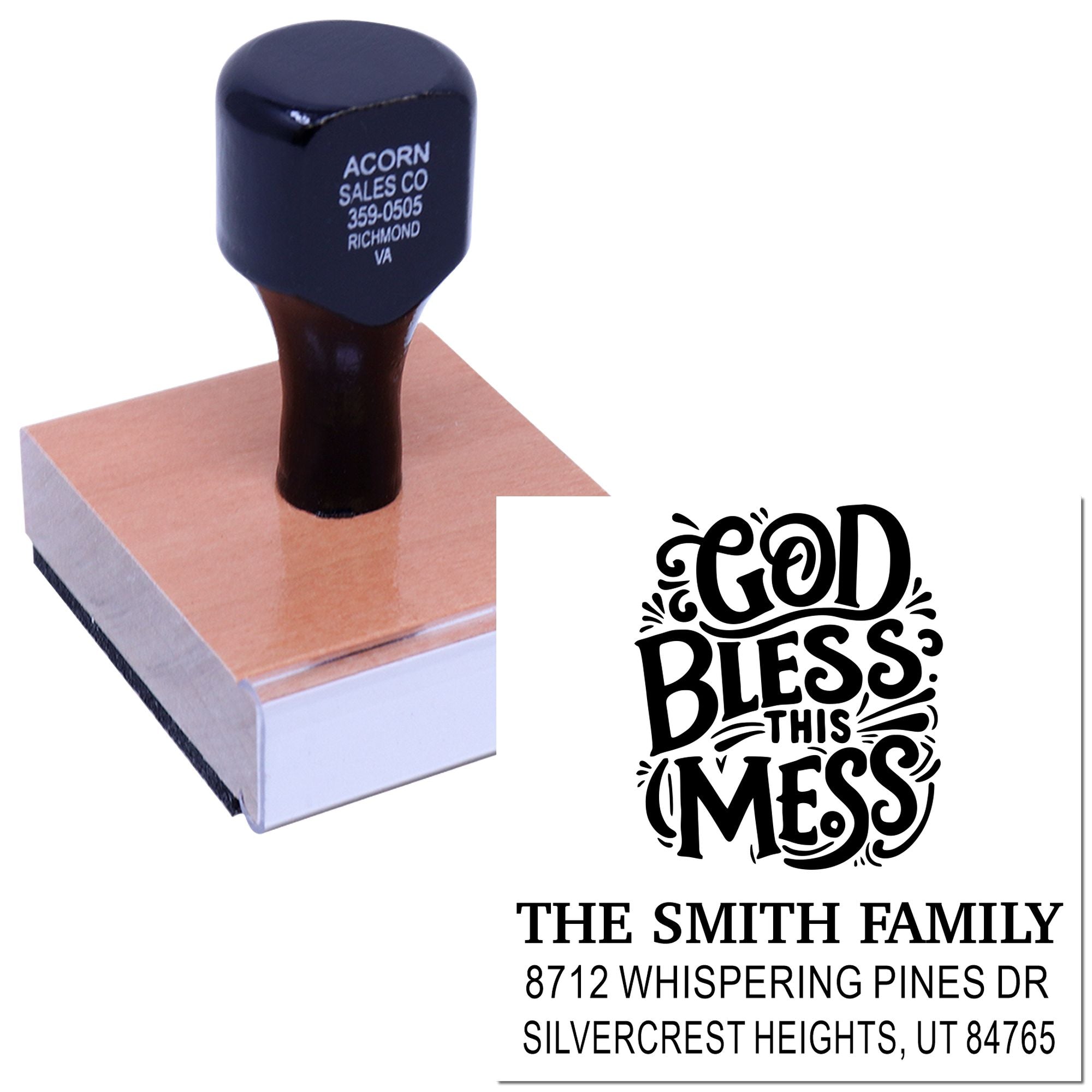Custom family return address rubber stamp on wooden block, with God Bless This Mess impression and Smith family address text.