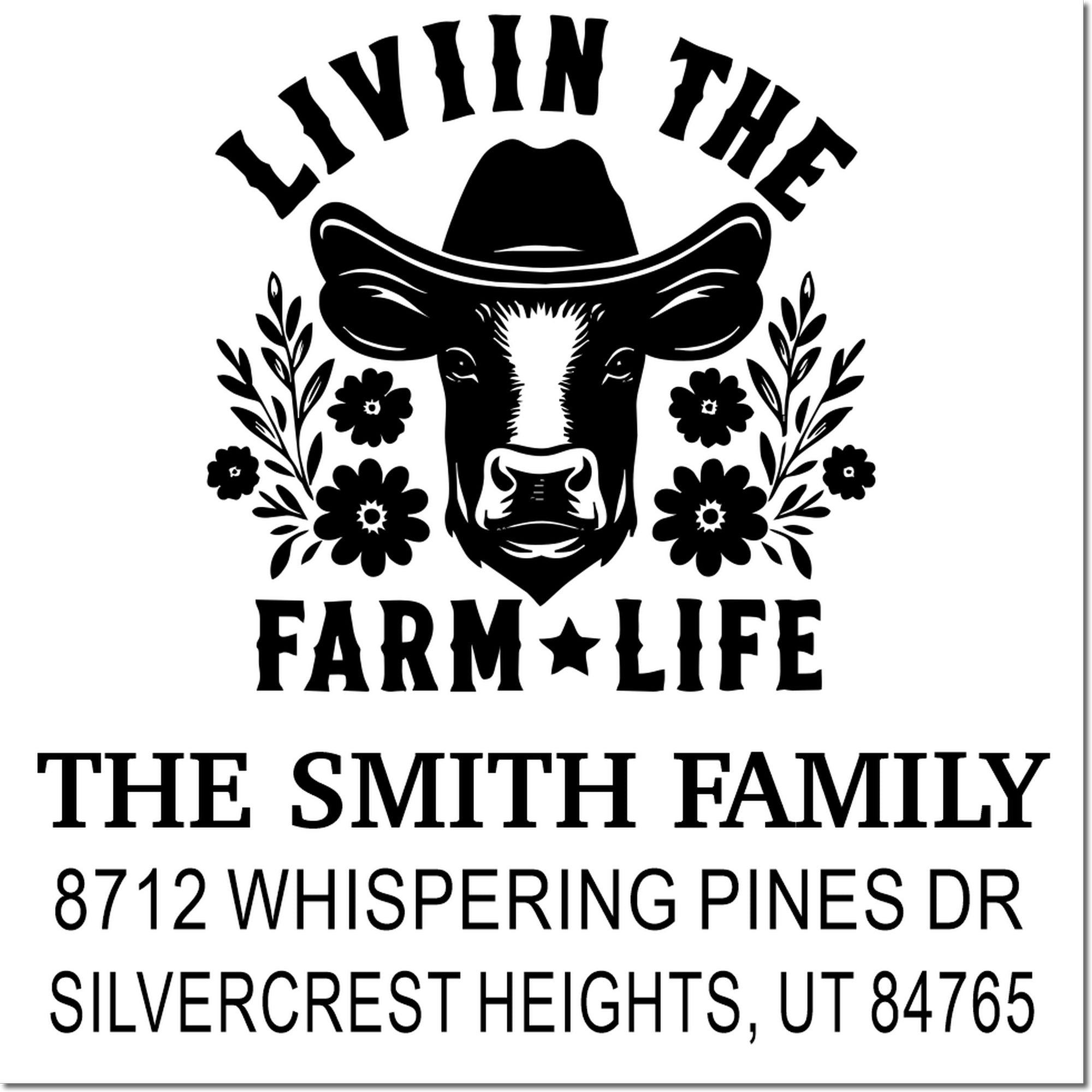 Custom return address stamp with cow in cowboy hat, floral accents, and The Smith Family name, Whispering Pines Dr, Silvercrest Heights, UT.