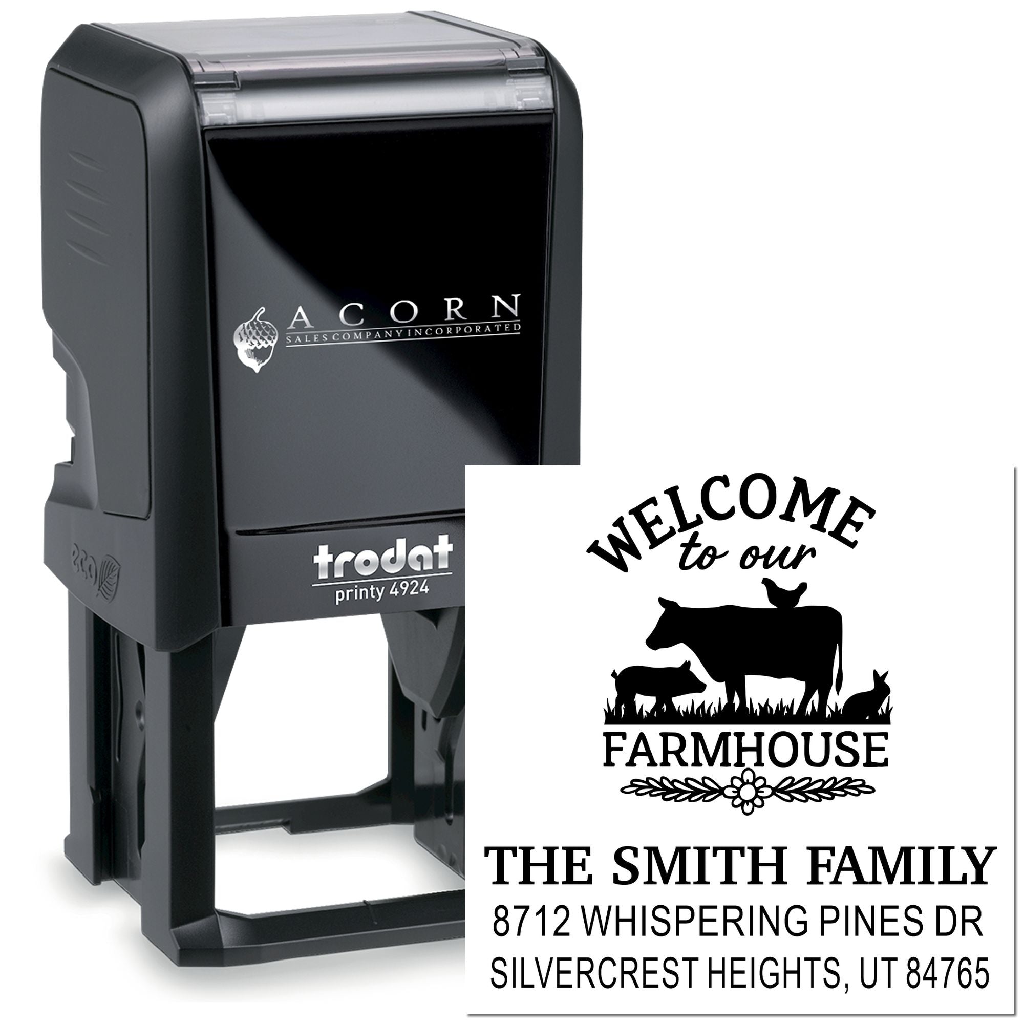 Custom Trodat self-inking address stamp with farmhouse return address design, cattle graphic, and Welcome to our Farmhouse imprint.