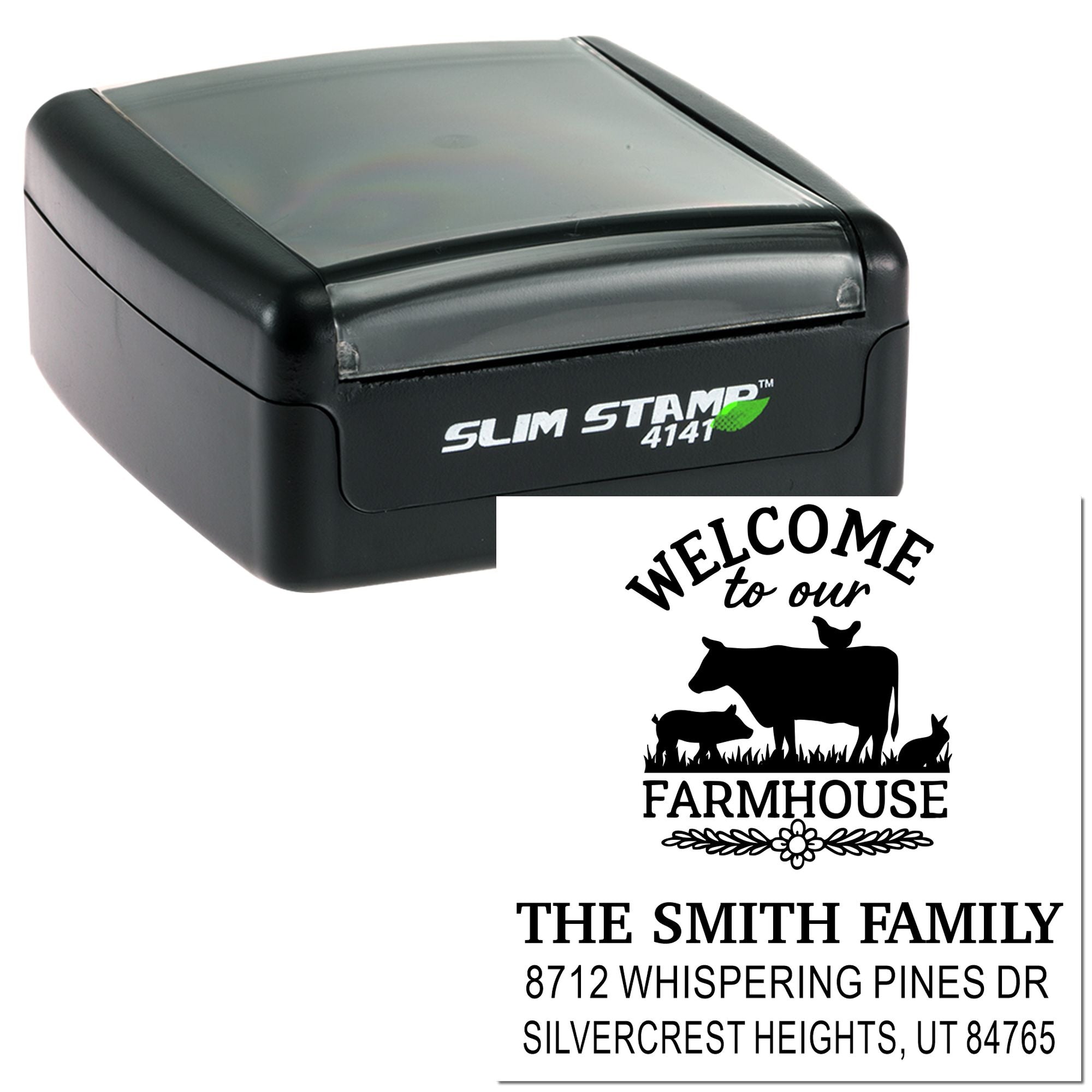Custom Slim Stamp 4141 self-inking stamp with farmhouse return address design, cattle graphic, family name, and Utah address on white background.